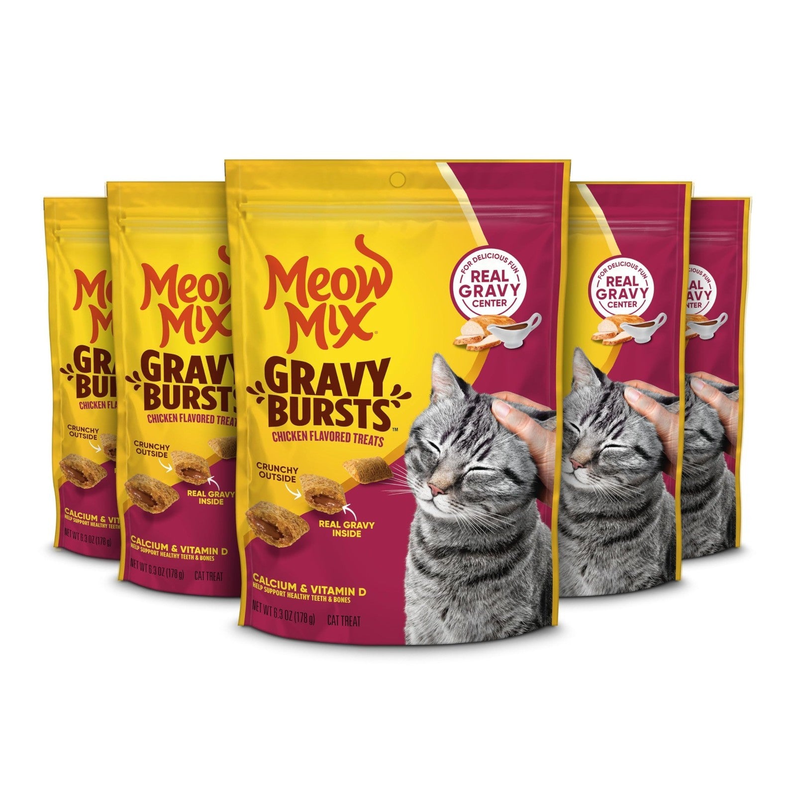 Chicken Flavored Cat Treats with Gravy Bursts, 6.3 Oz Bags   Pack of 5, Tasty Sn0