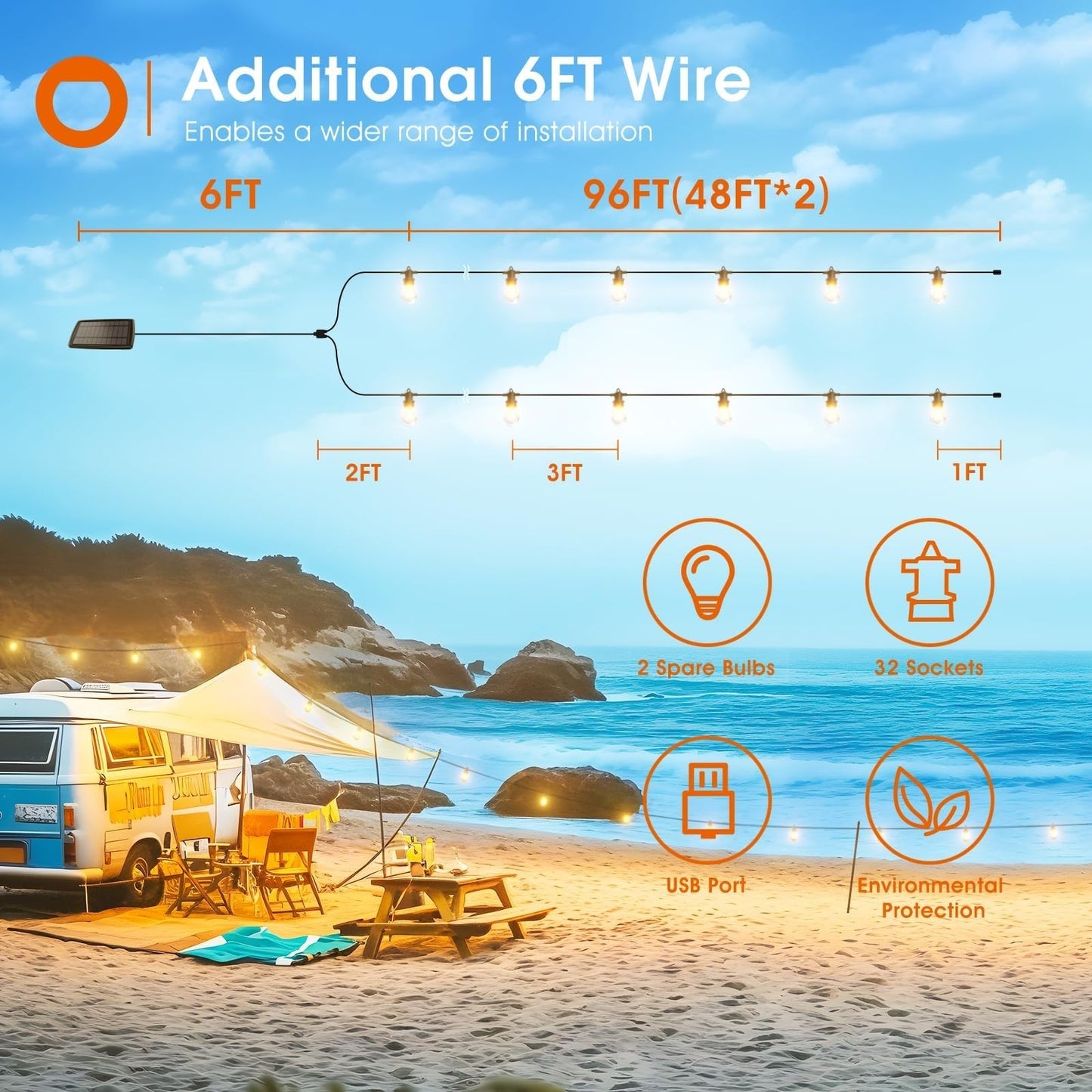102FT Solar String Lights Outdoor, USB Charging, IP65 Waterproof, Dimmable Timer5