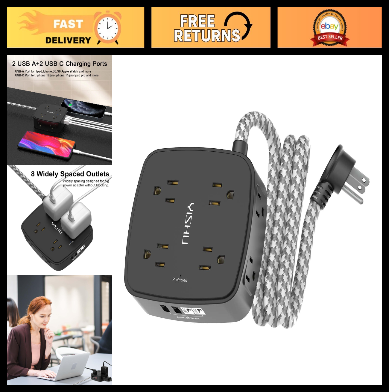 8 Outlet Surge Protector Power Strip with 4 USB Ports, 5Ft Braided Cord, Flat Pl0