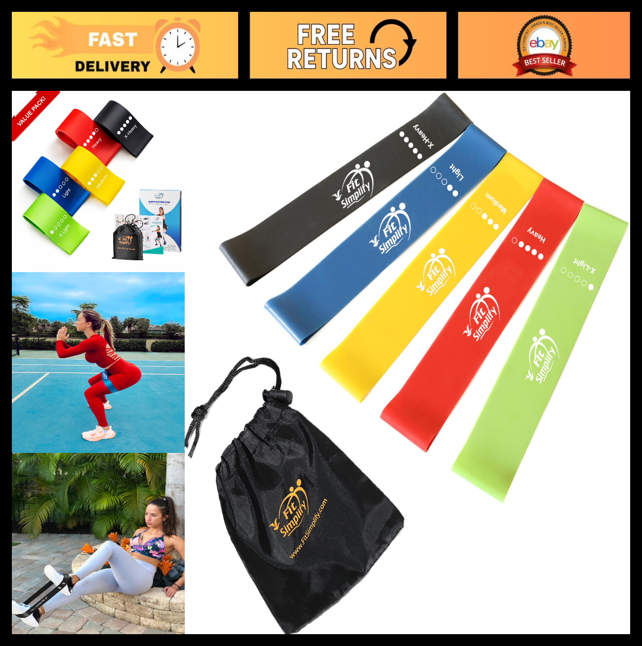 Resistance Loop Exercise Bands Set of 5 with Instruction Guide & Carry Bag   Fit0