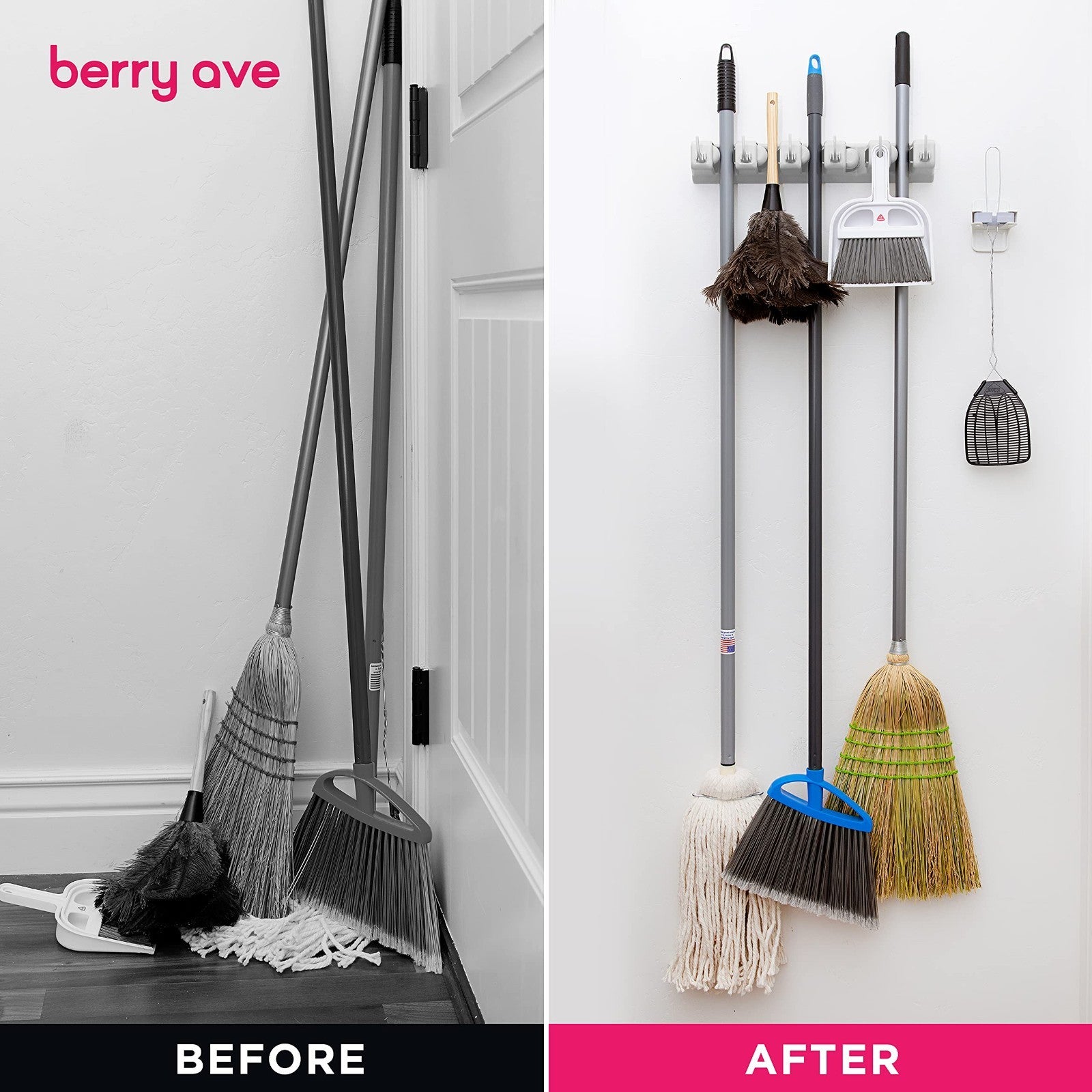 Wall Mount Broom Holder & Mop Organizer - 5 Slots, 6 Hooks for Garage, Kitchen,5