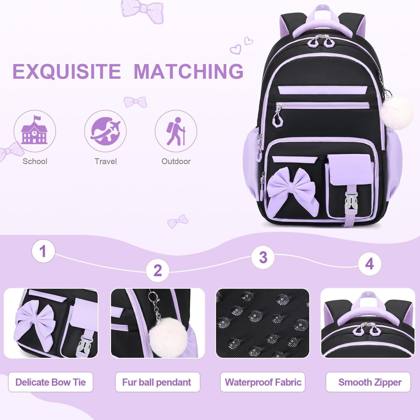 4PCS Girls Backpack Set   Stylish Tote Bag, Lunch Bag & Pencil Case Included3