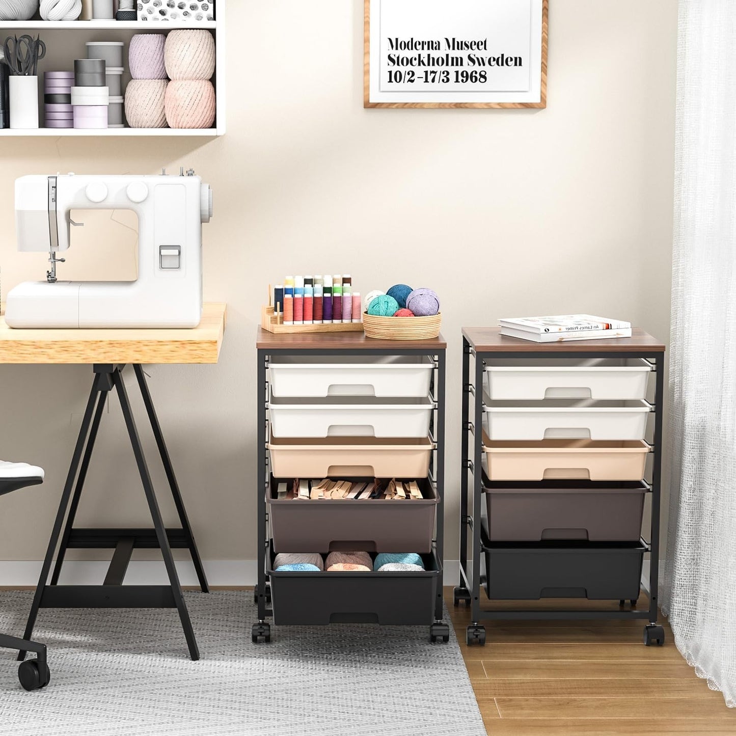 5 Drawer Utility Cart with Wooden Top & Lockable Wheels   Rolling Craft Trolley7