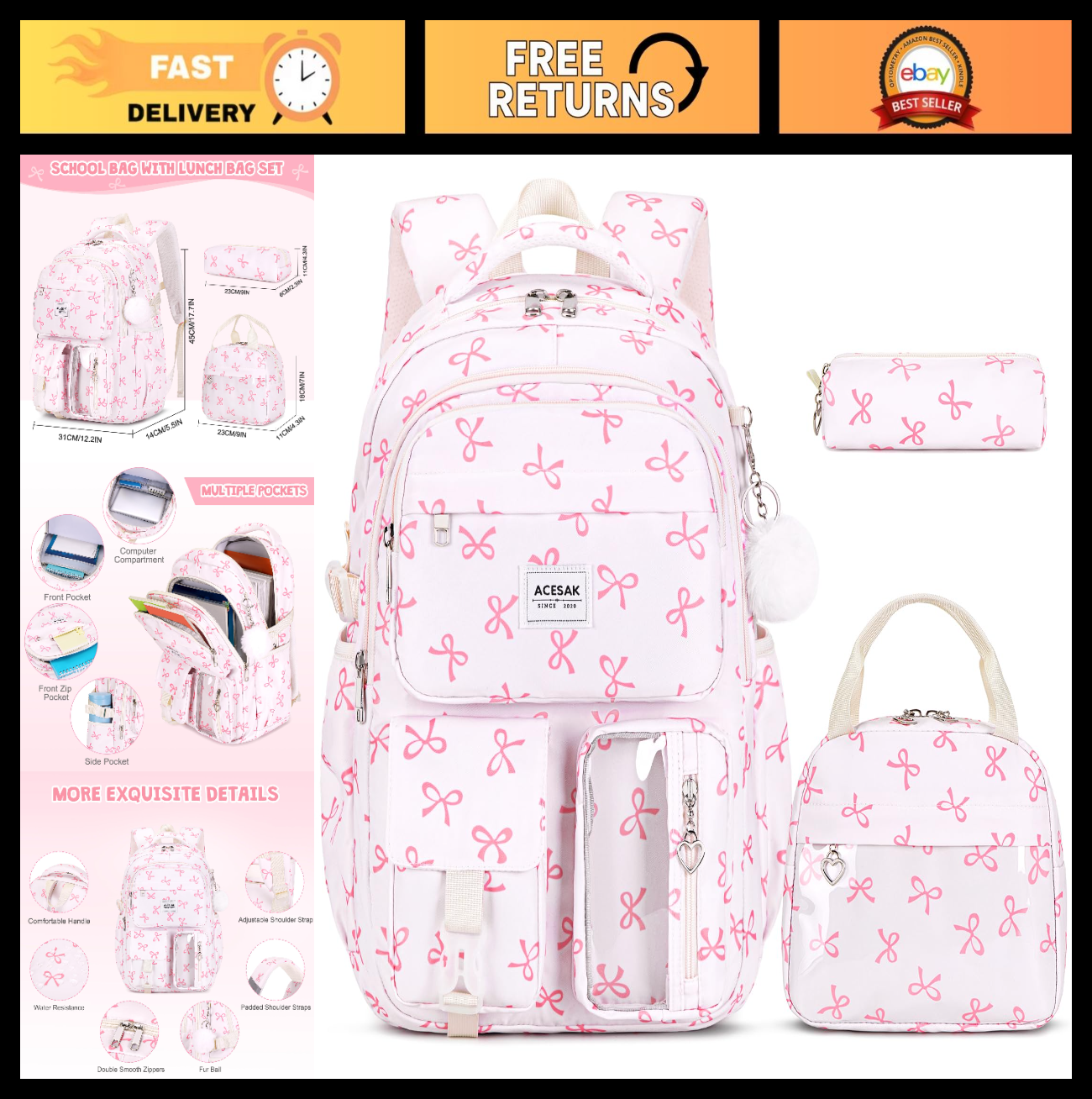 Stylish Girls Backpack with Lunch Bag & Pencil Pouch   Teen Laptop Bookbag, Beig0