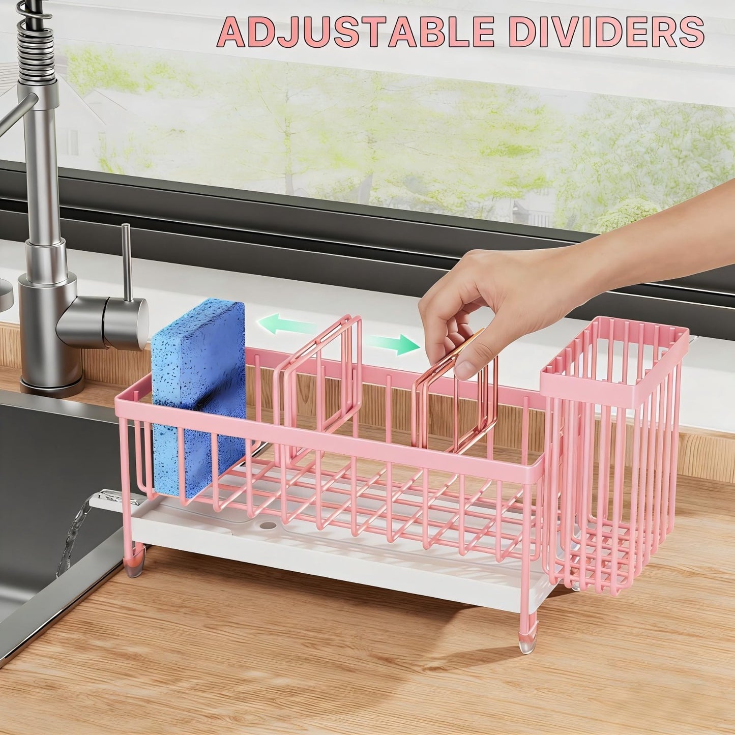 Kitchen Sink Sponge Holder Caddy Organizer, Rustproof Stainless Steel, Pink, 9.23