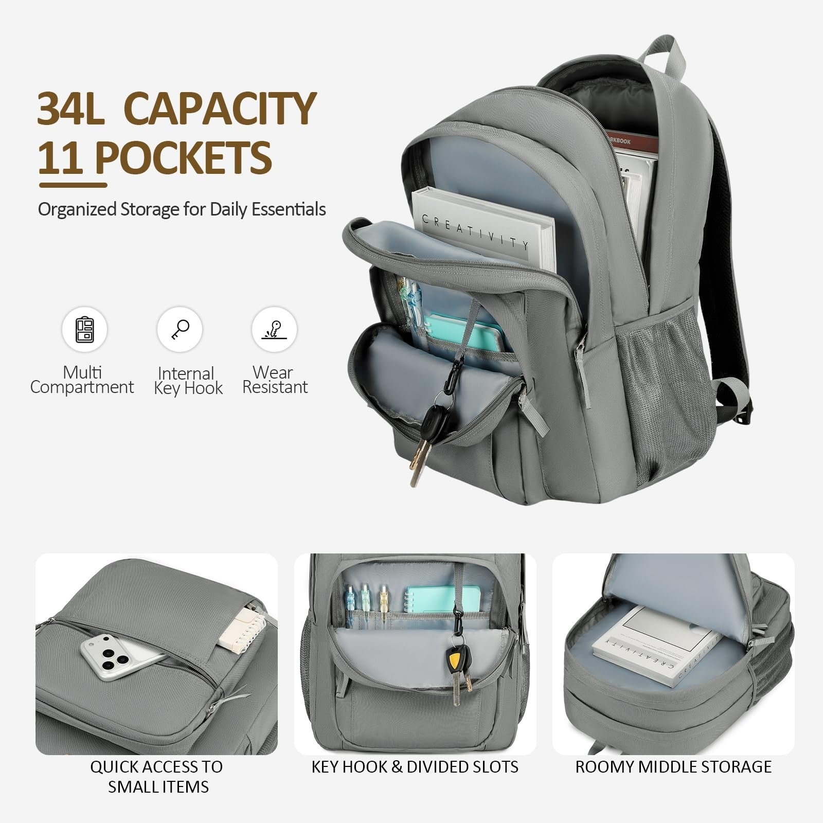 Water Resistant Large Travel Backpack for College, School, Men & Women   Grey3
