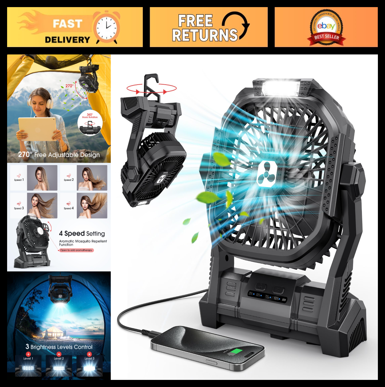 Rechargeable Portable Fan 20000mAh Cordless Battery Operated LED Lantern for Cam0