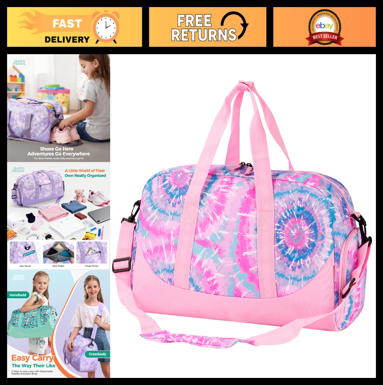 Girls Tie Dye Duffle Bag for Kids, Large Overnight Travel Bag with Shoe Compartm0