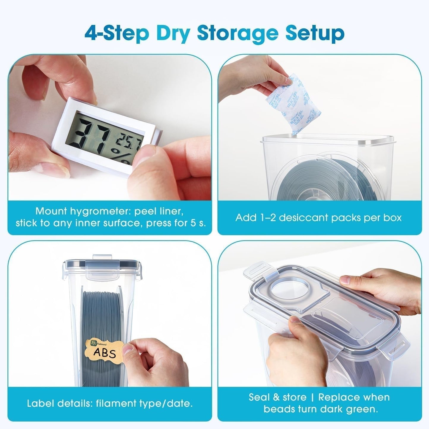 4 Pack 3D Printer Filament Storage Box - Airtight, Waterproof, Dustproof Contain4