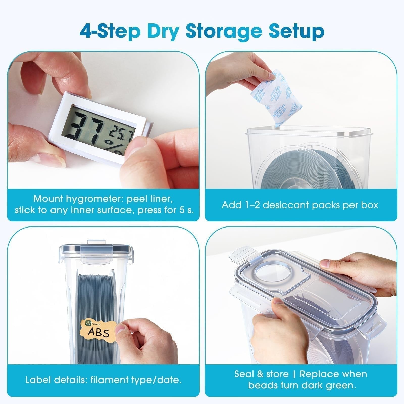4 Pack 3D Printer Filament Storage Box - Airtight, Waterproof, Dustproof Contain4