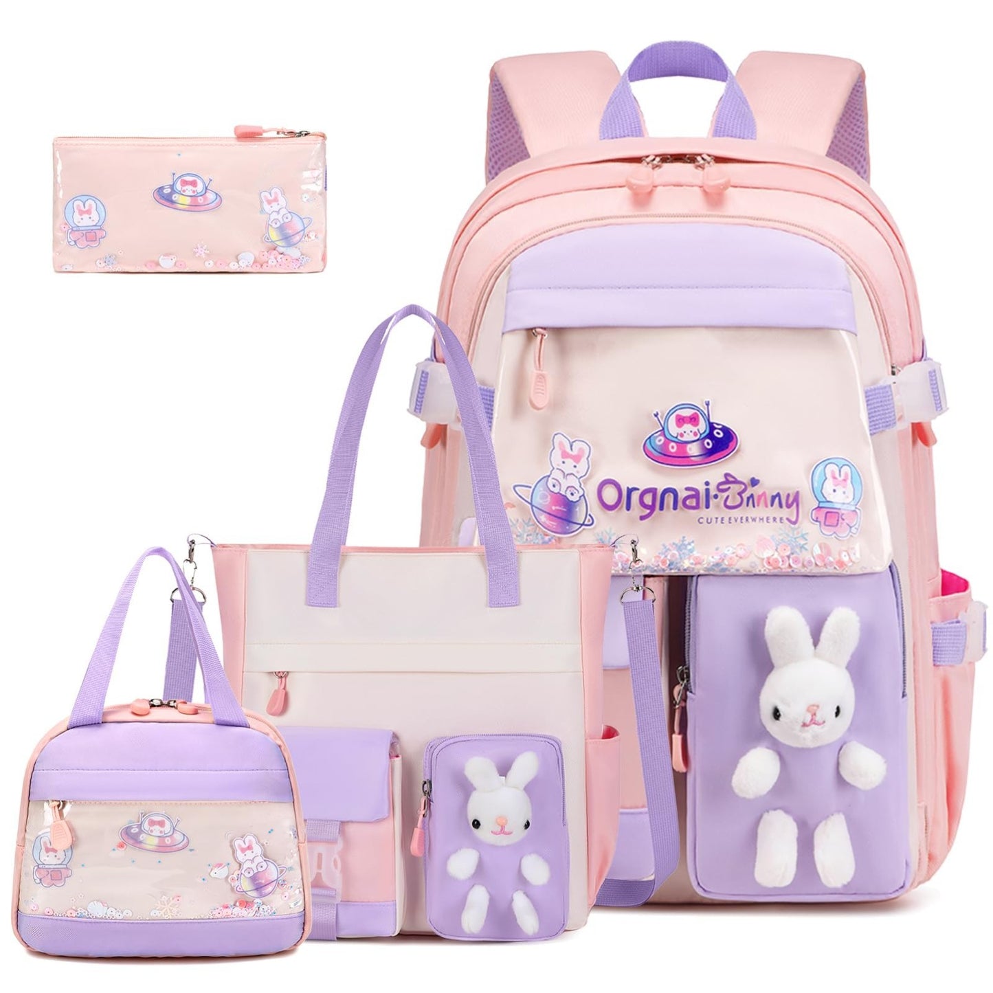 Kawaii Bunny Girls Backpack Set   4PCS School Bag, Tote, Lunch Box & Pencil Case1