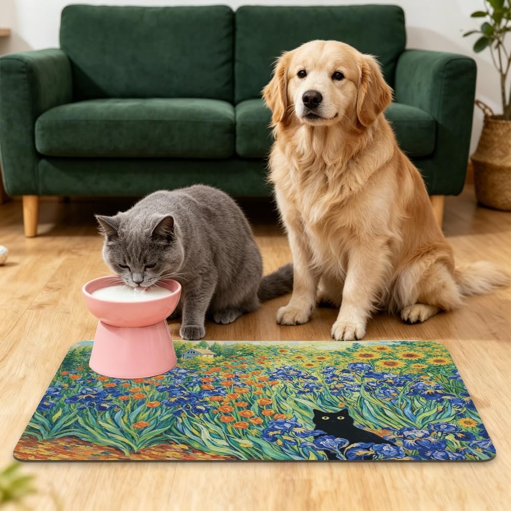 Floral Cat Dog Feeding Mat 12"x20" - Non-Slip, Quick-Dry, Absorbent Floor Protec2