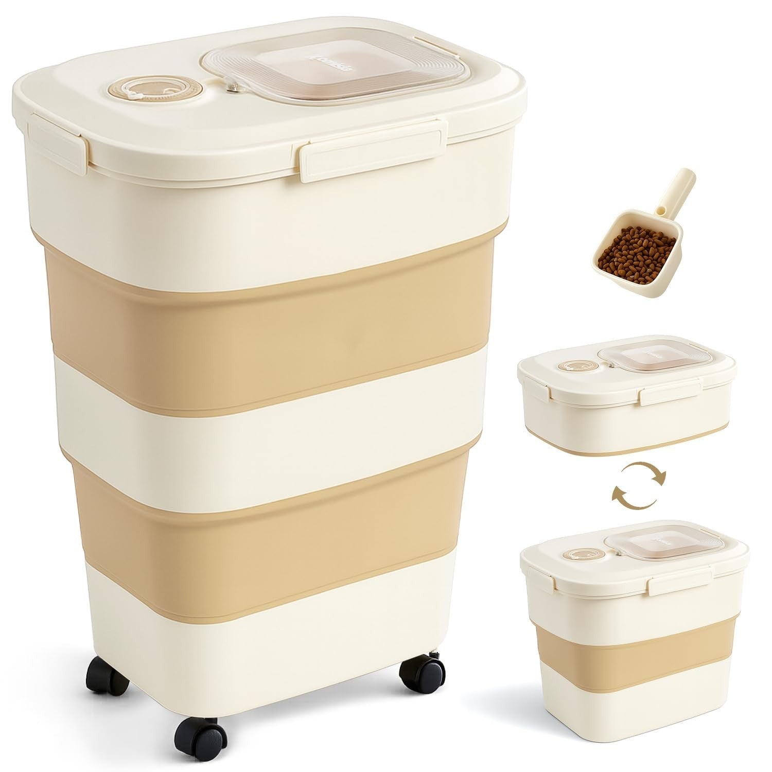 Large Airtight Dog Food Storage Container 40-50lbs with Wheels, Scoop & Date Tra1