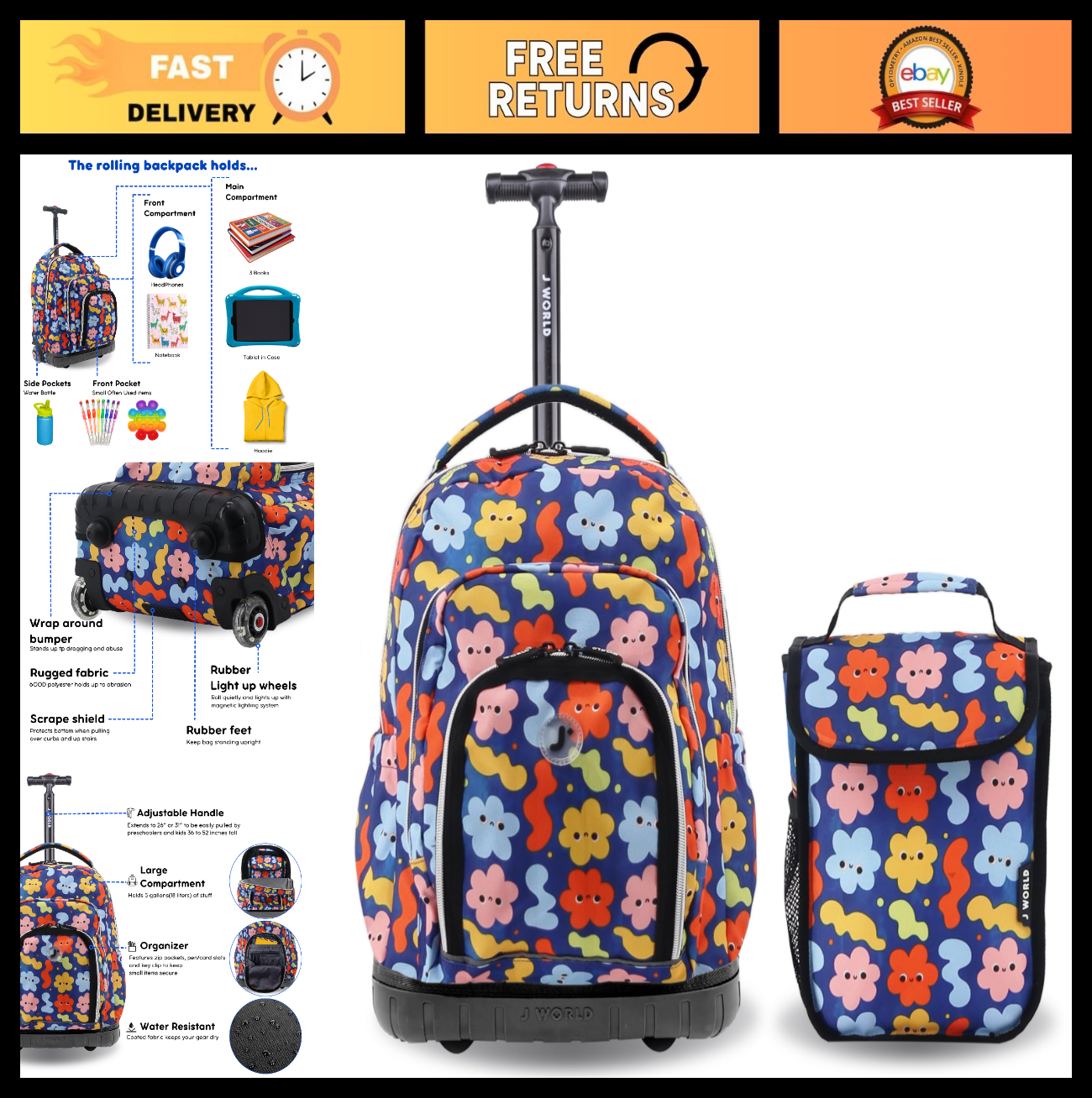 Kids Rolling Backpack & Lunch Bag Set   Elementary School Carry On Suitcase with0