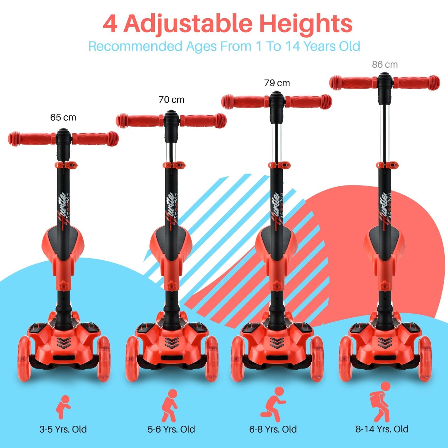 3-Wheeled Kids Scooter with LED Lights, Adjustable Handlebar, Foldable Seat - Si4