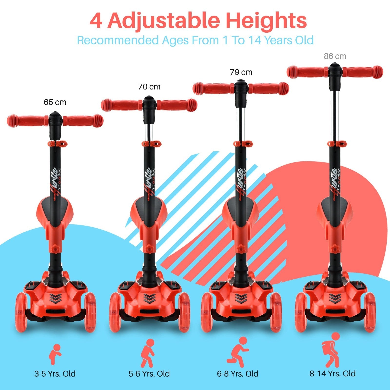 3-Wheeled Kids Scooter with LED Lights, Adjustable Handlebar, Foldable Seat - Si4