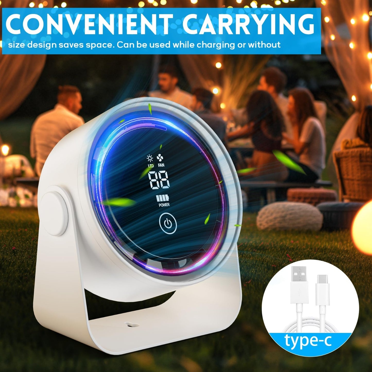 Rechargeable Small Desk Fan 5000mAh   Quiet Portable, 5 Speed, LED Light, 360° R3