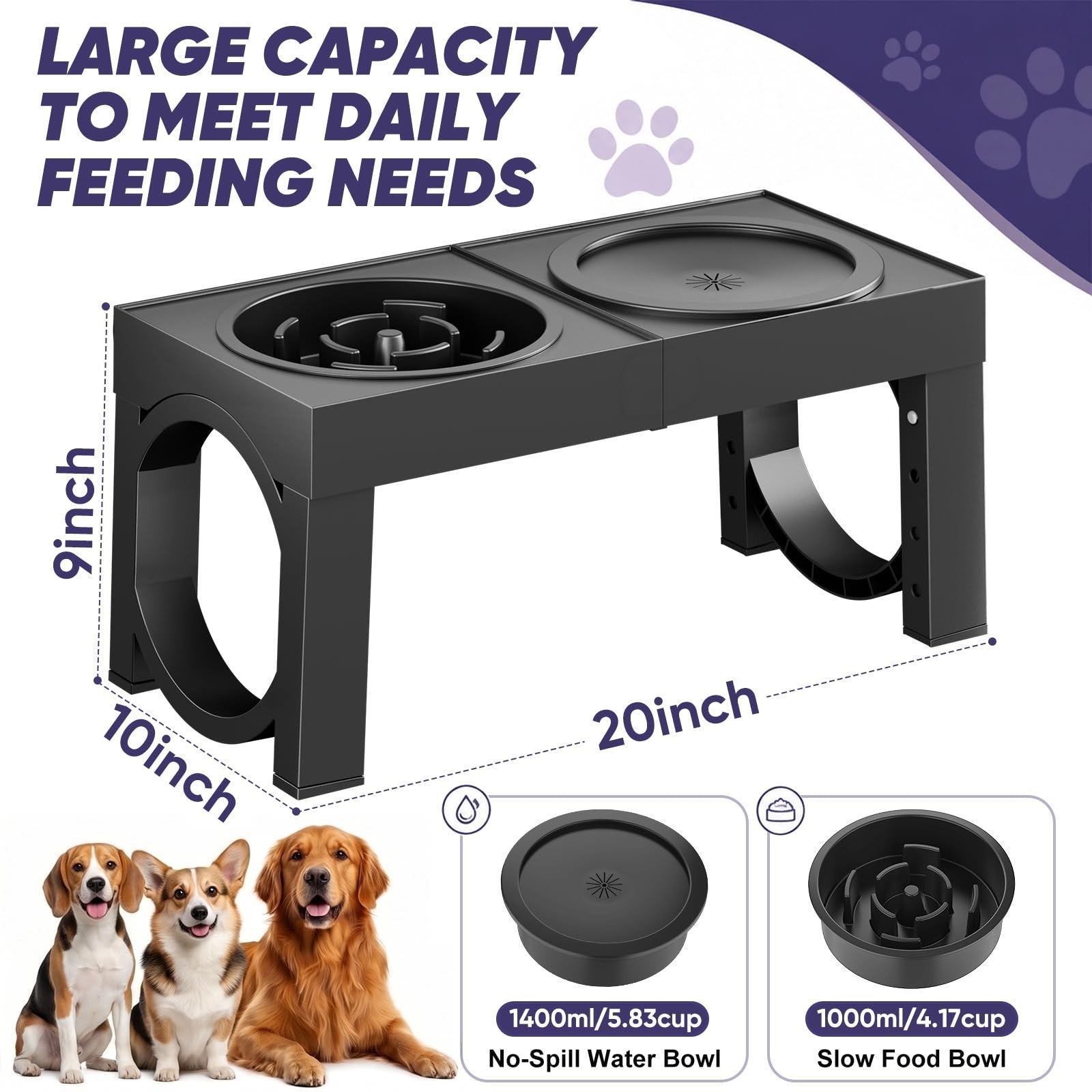 Elevated Dog Bowls for Large Breeds   Adjustable Slow Feeder Stand 9 14in3