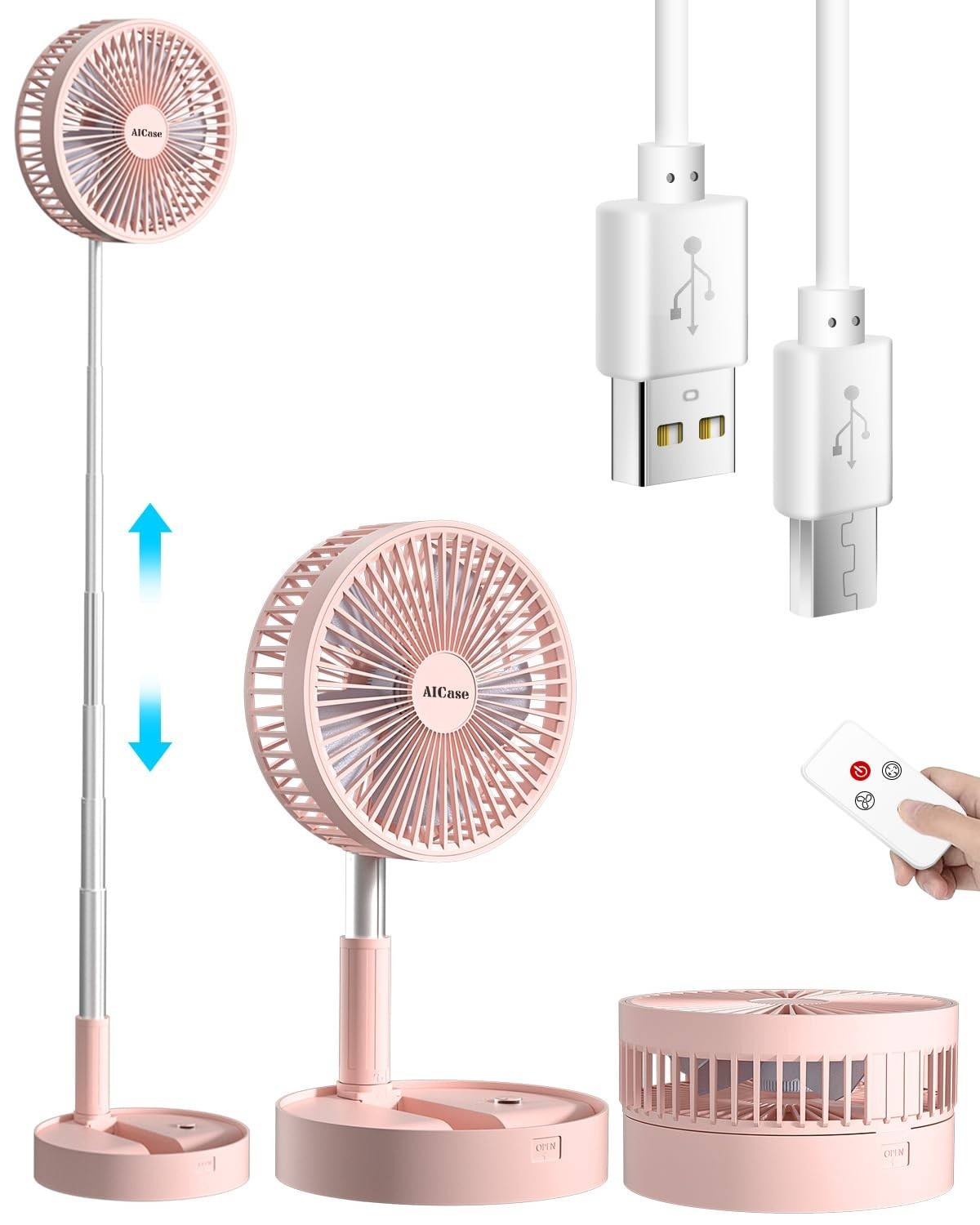 Portable Folding Stand Fan, USB Rechargeable 7200mAh, 4 Speed Adjustable Height,1