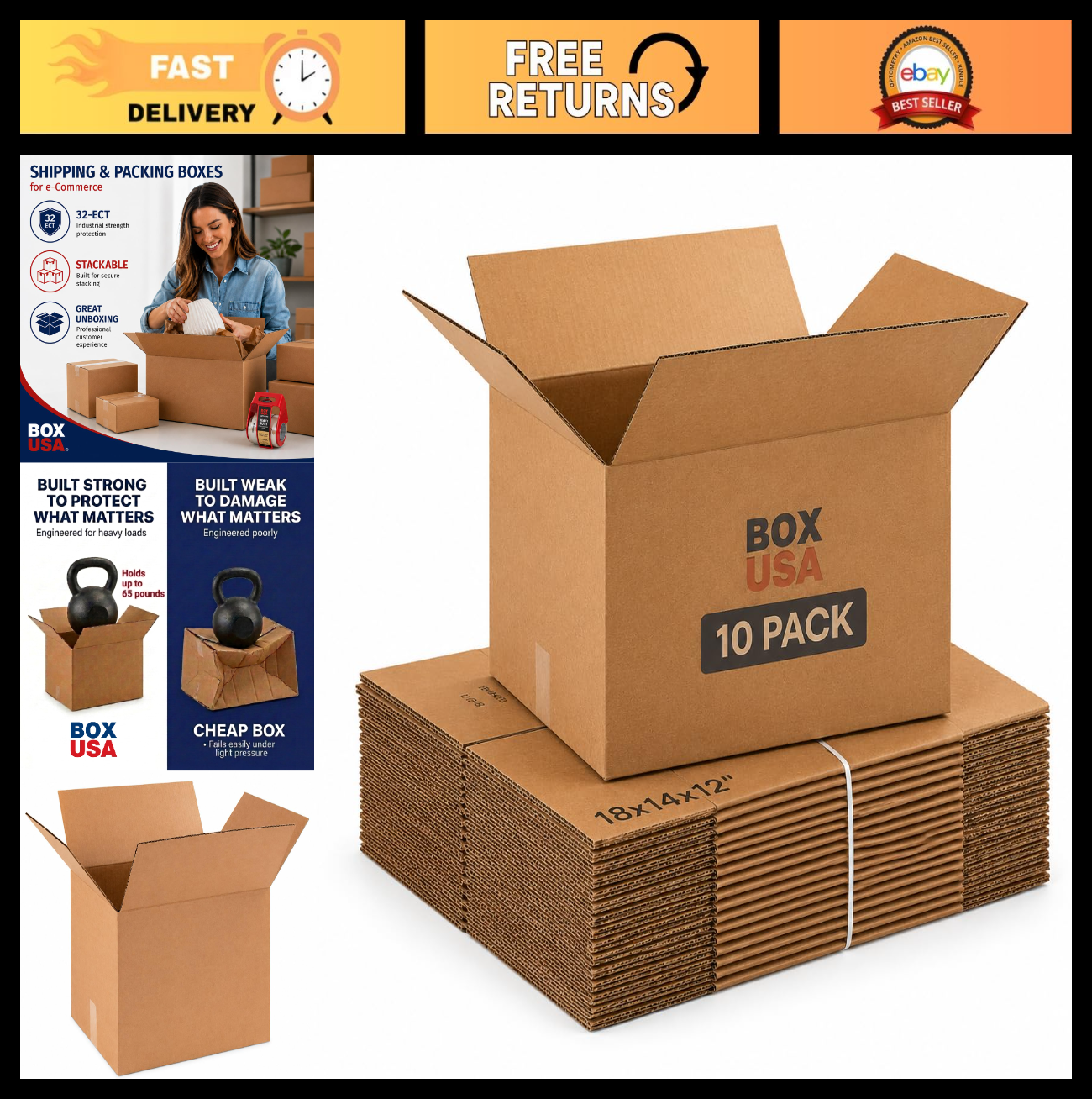 Medium Moving Boxes 10 Pack | 18"x14"x12" Corrugated Cardboard for Shipping, Pac0