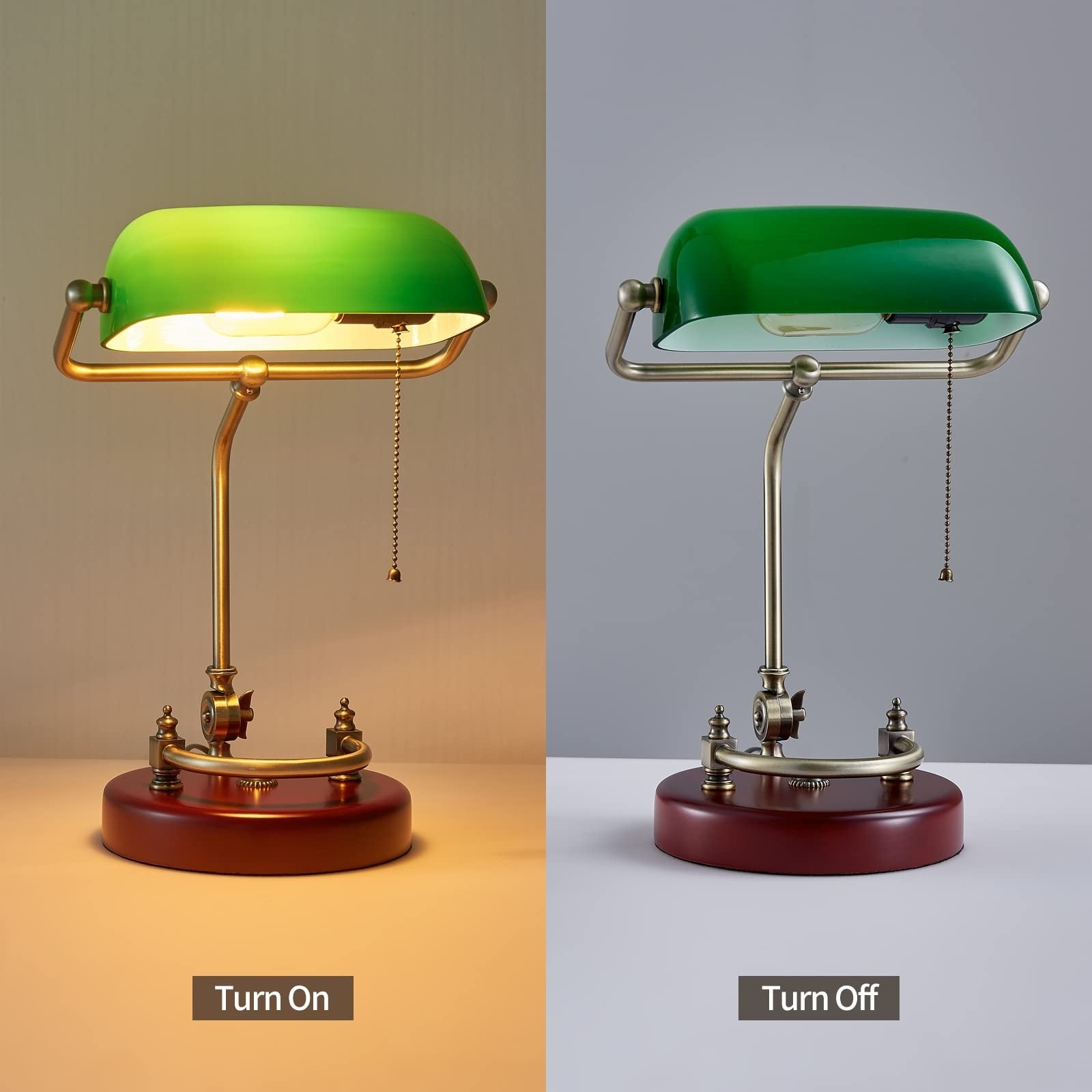 Vintage Green Glass Bankers Desk Lamp with Solid Wood Base, Pull Chain Switch, E6