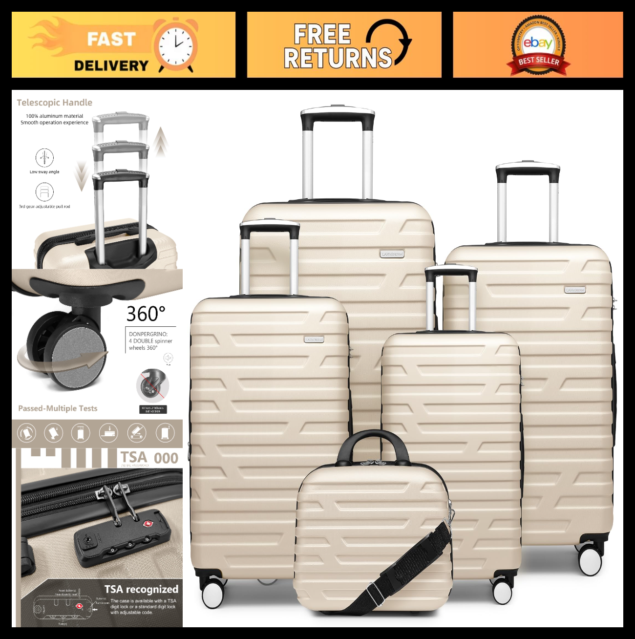 5-Piece Expandable Hardside Luggage Set, Spinner Wheels, TSA Lock, Travel Cases,0