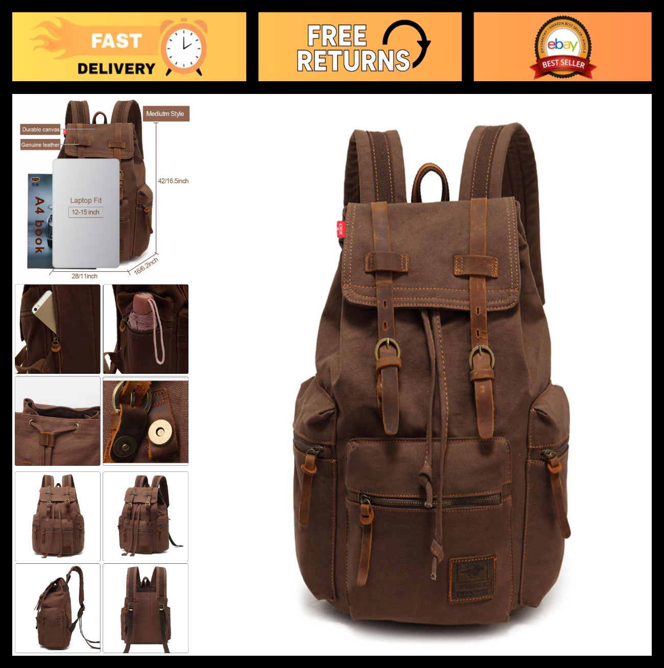High Capacity Vintage Canvas Backpack for School & Travel   Fits 12 15" Laptops,0