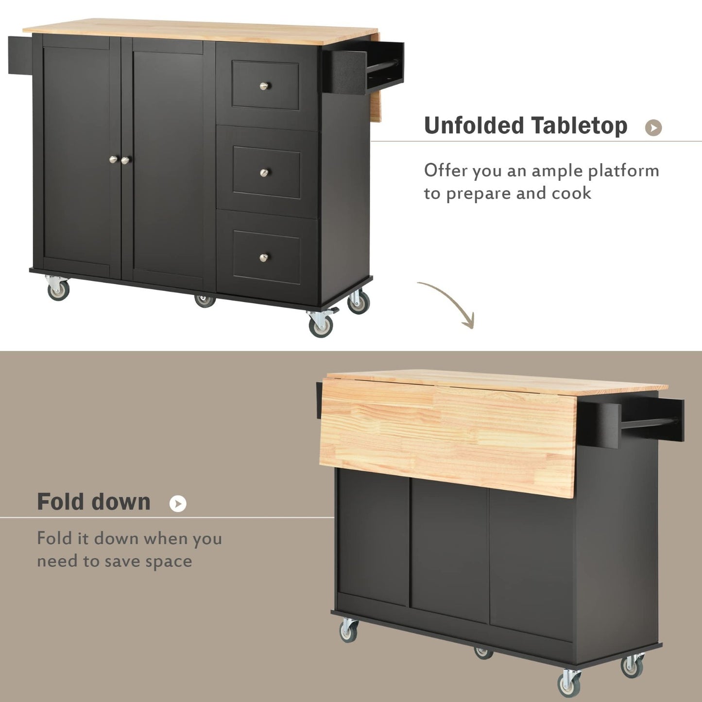 Mobile Kitchen Island with Solid Wood Top, Locking Wheels, Storage & Drop Leaf B6