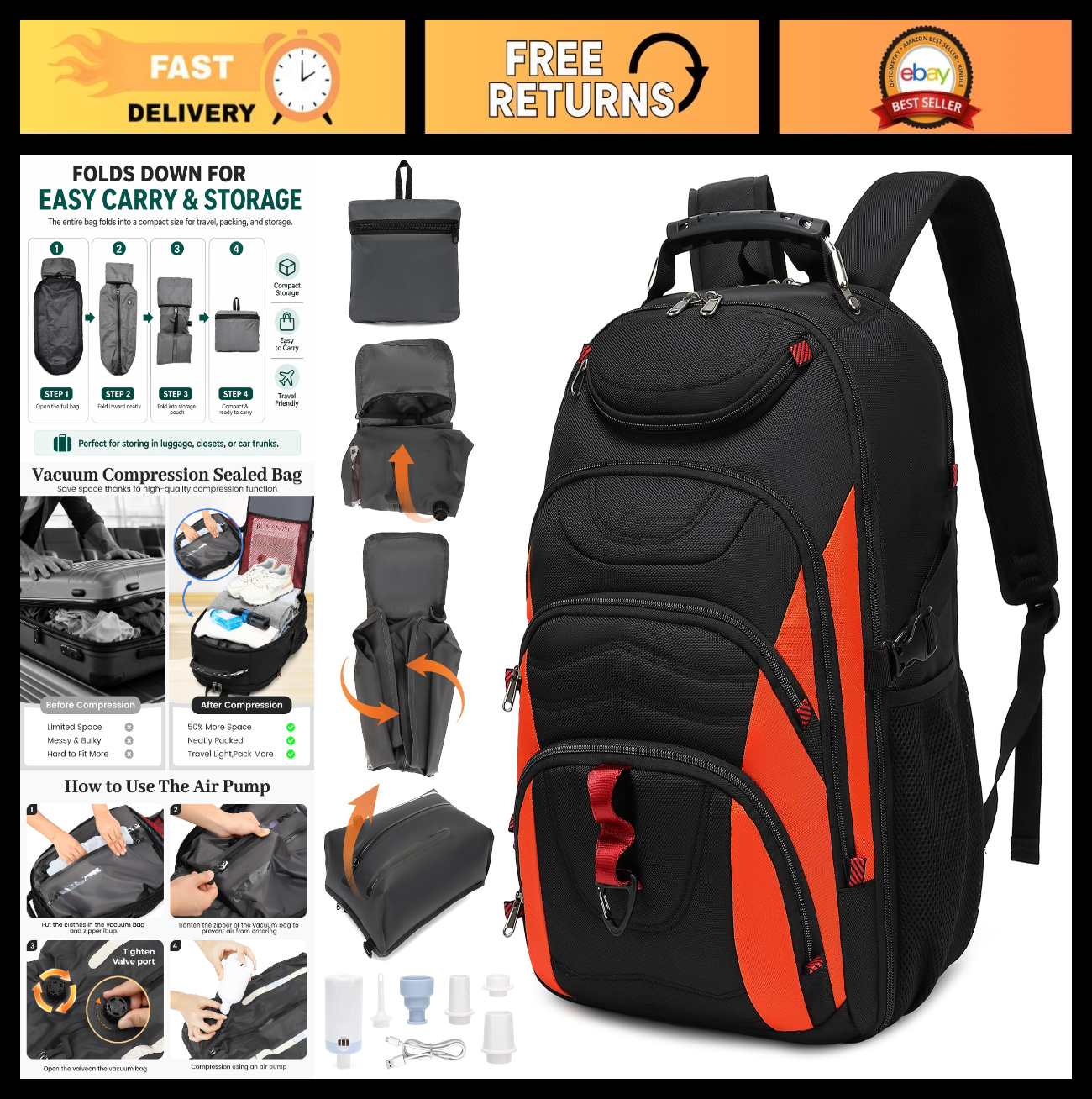 Large 55L Vacuum Seal Backpack for Travel with Pump, Waterproof Carry On Bag0