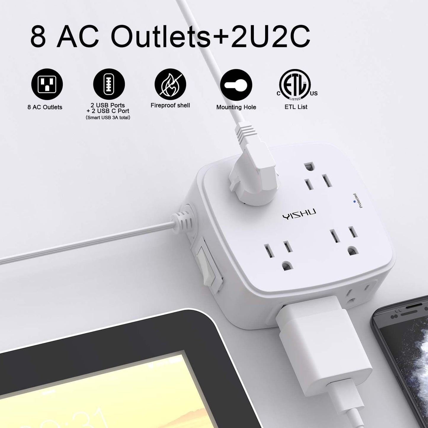 10 Ft Surge Protector Power Strip   8 Outlet Power Hub, 4 USB Ports, Flat Cord,2