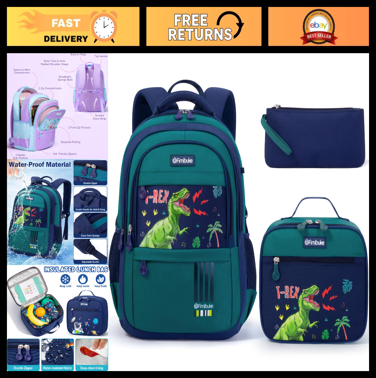 Dinosaur Kids Backpack Set for Boys   3 PCS with Lunch Box   School & Travel Gea0