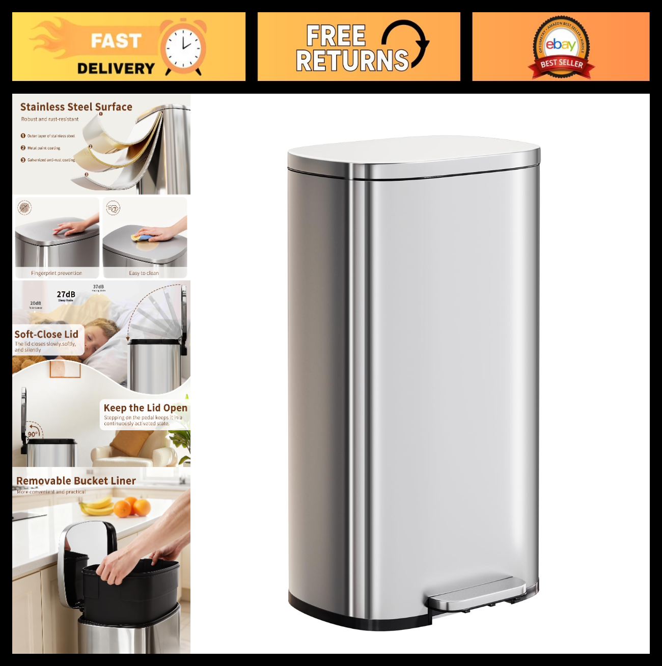 13G Stainless Steel Trash Can with Lid, Soft-Close Step Pedal, Removable Inner B0