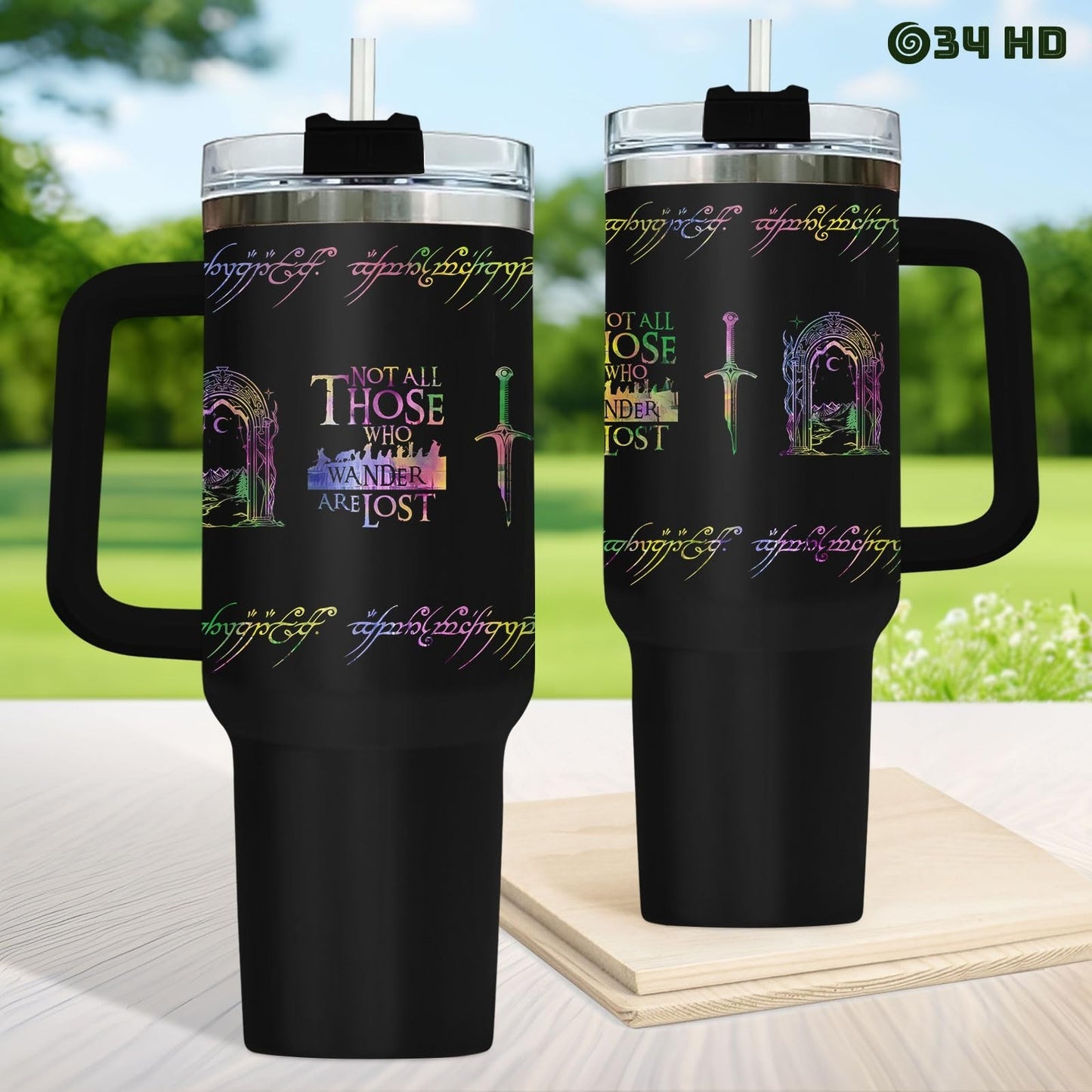 40oz Insulated Travel Mug with Handle & Straw   Fantasy Wanderer Tumbler, Bookis2