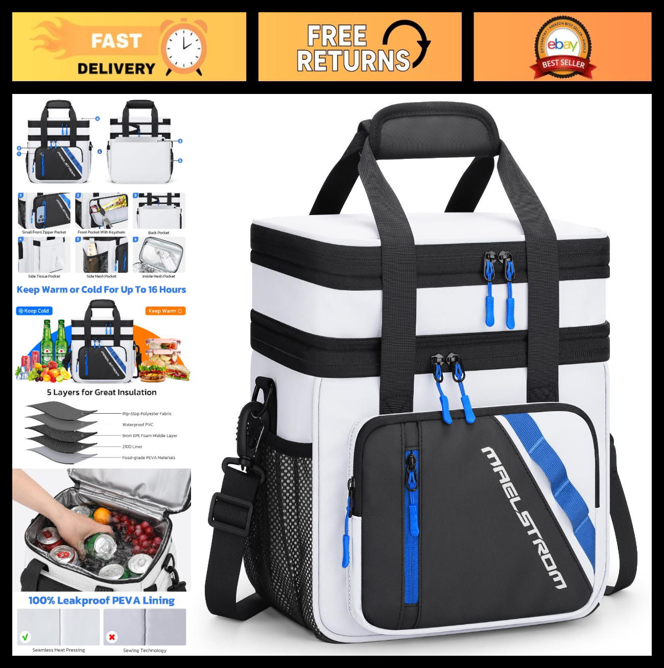 Insulated Lunch Box Cooler Bag 20L - Expandable, Leakproof, Portable for Work, T0