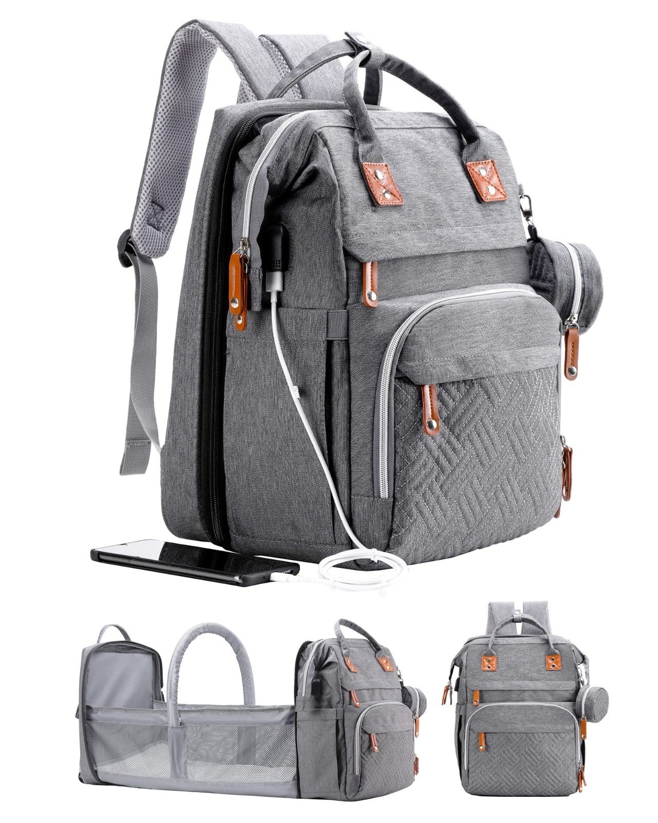Diaper Bag Backpack with Changing Station   Stylish Baby Bag for Moms, Grey1