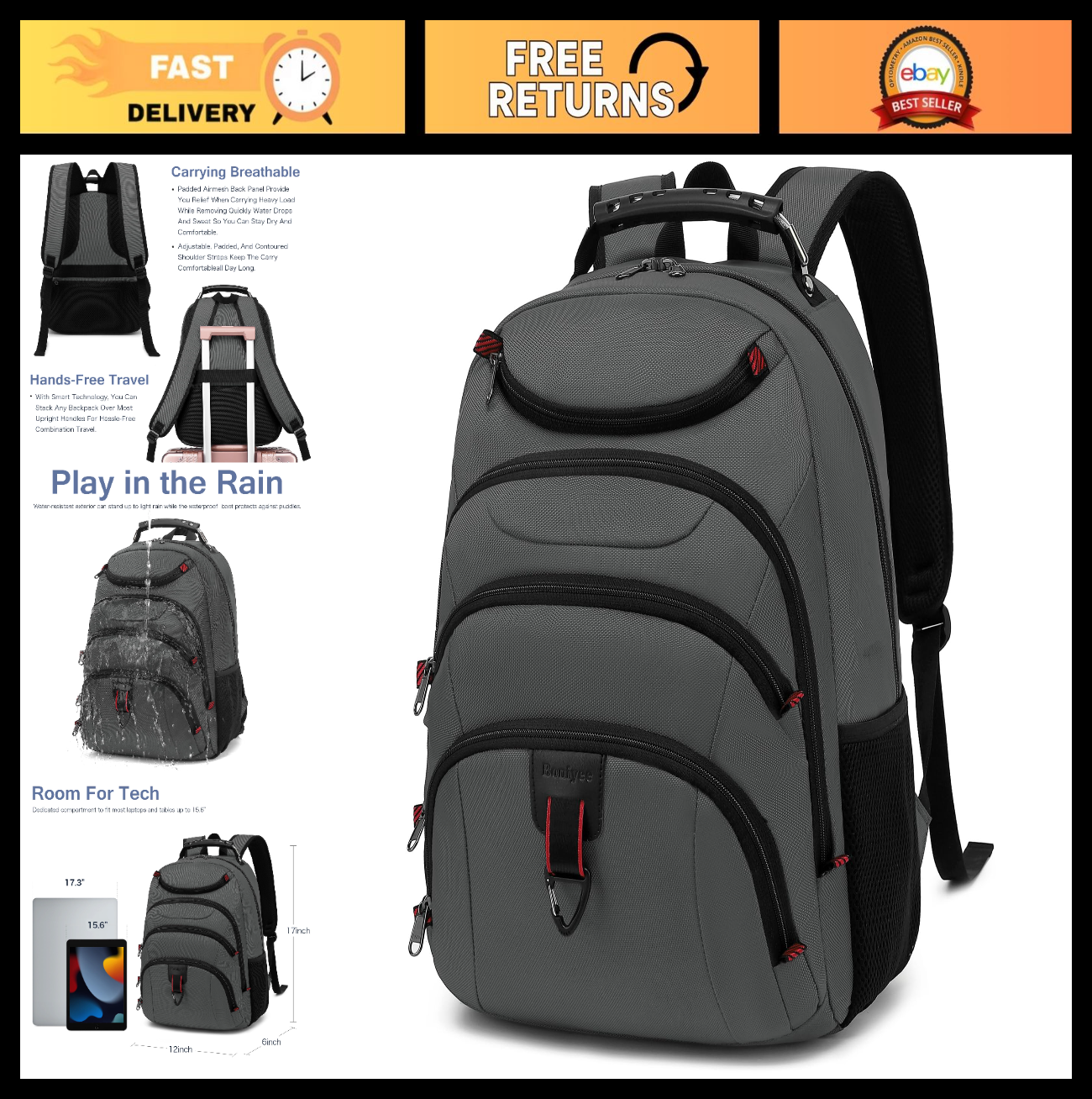 15.6" Waterproof Laptop Backpack with USB Port, Anti Theft Travel Bag for Work &0