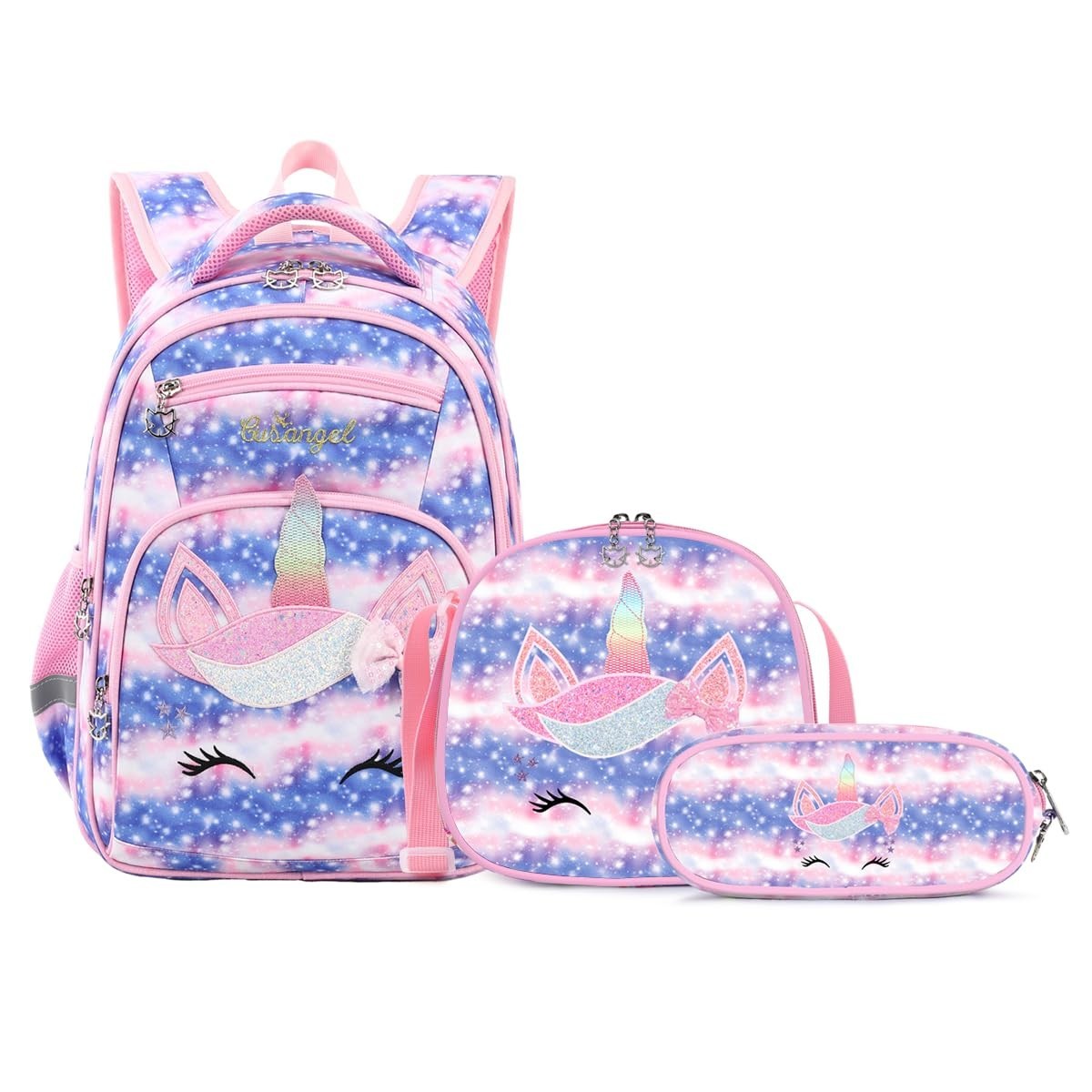 Cute Unicorn Girls Backpack Set with Lunch Box & Pencil Case   Multi Compartment1