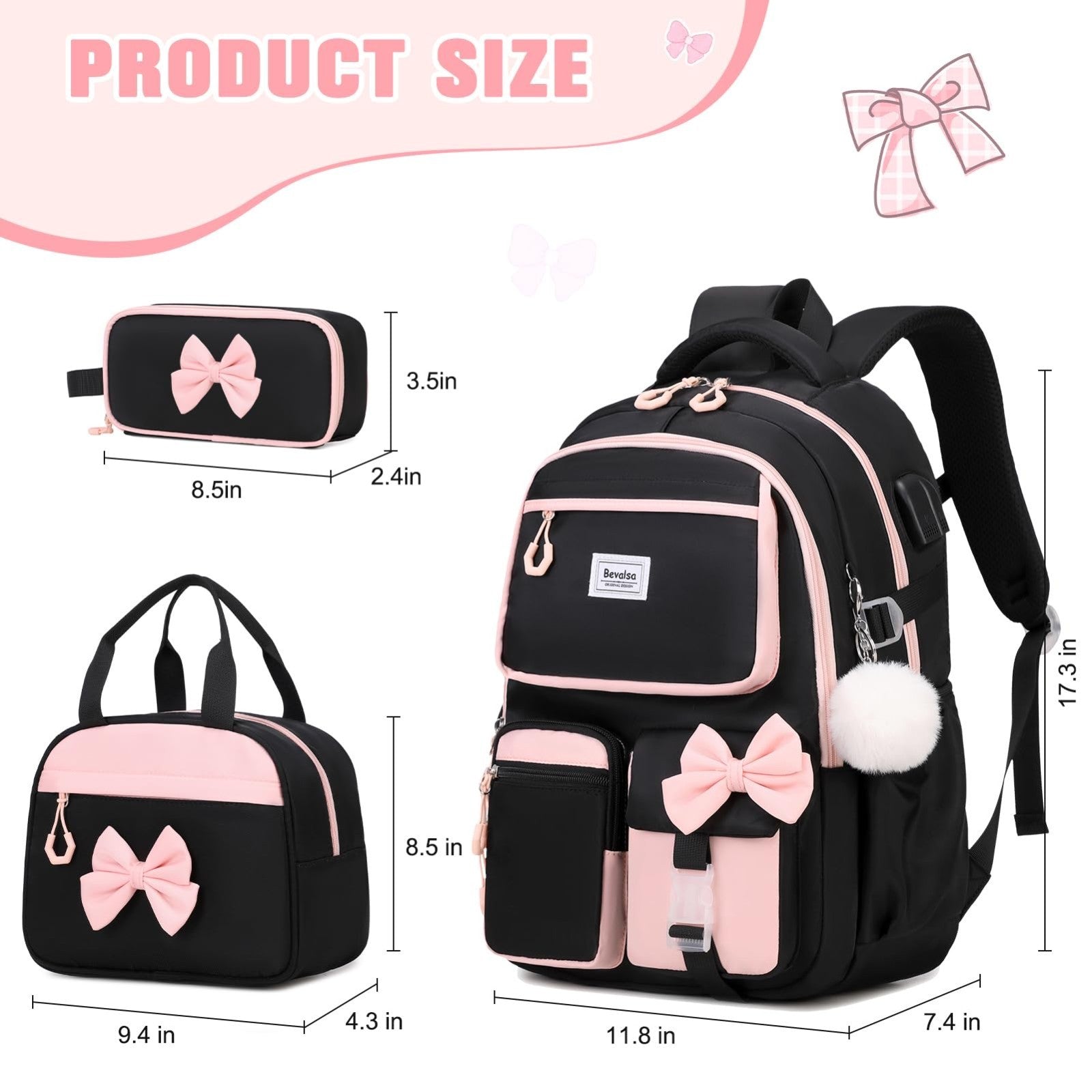 Cute Bow Backpack for Girls   School Bag Set with Lunch Bag & Pen Case2