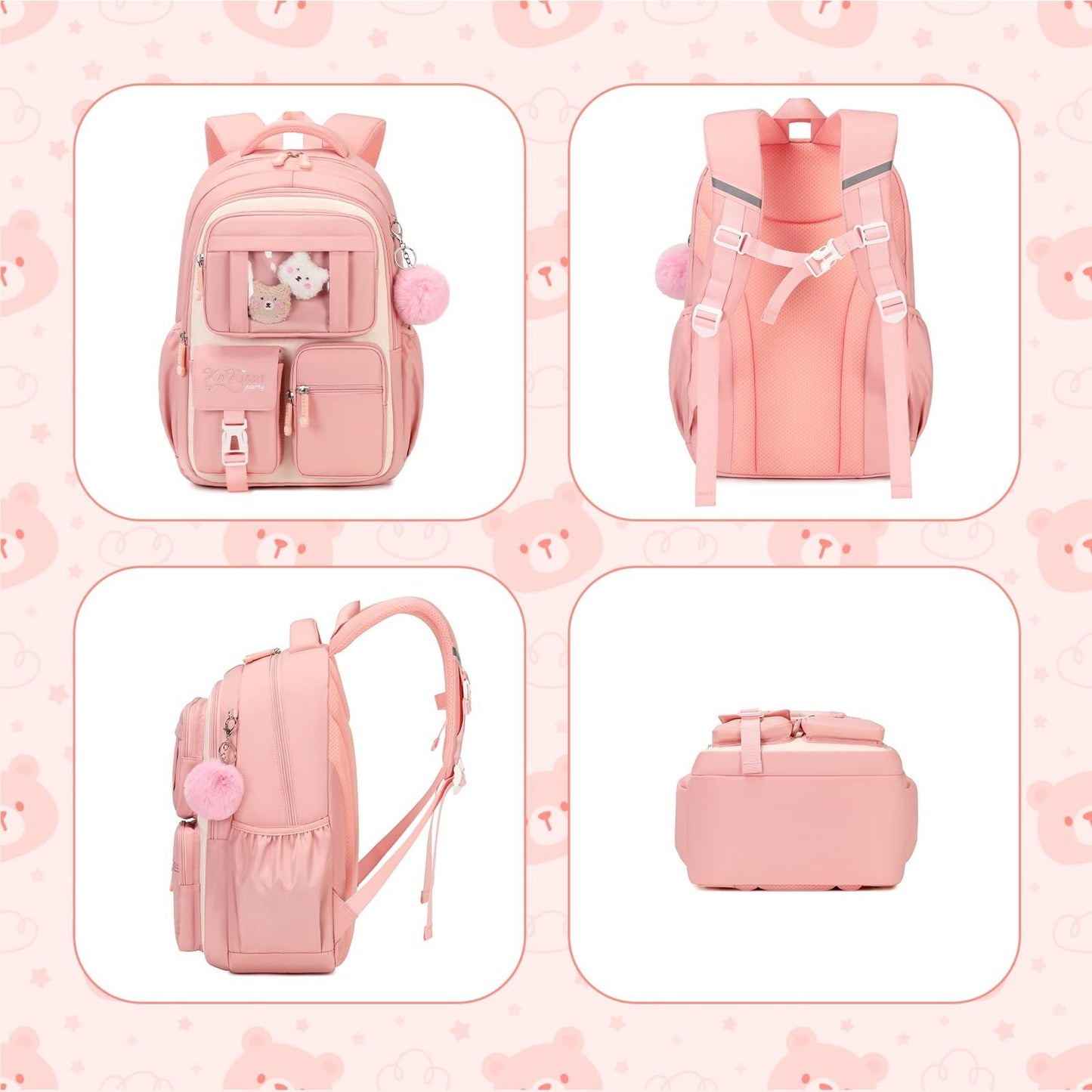 Kawaii Girls Backpack - Cute Pink & Beige School Bag for Middle & Elementary Stu6