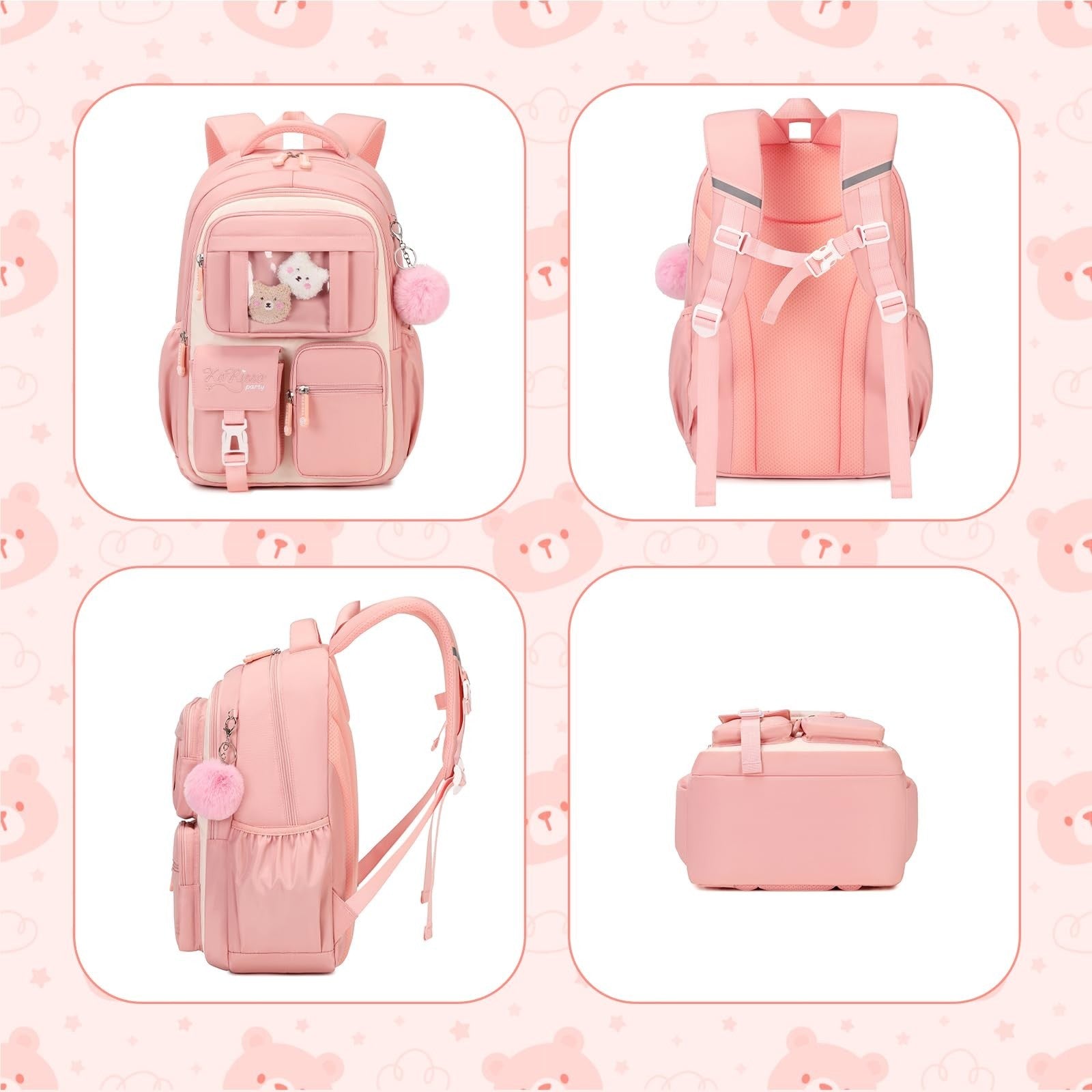 Kawaii Girls Backpack - Cute Pink & Beige School Bag for Middle & Elementary Stu6