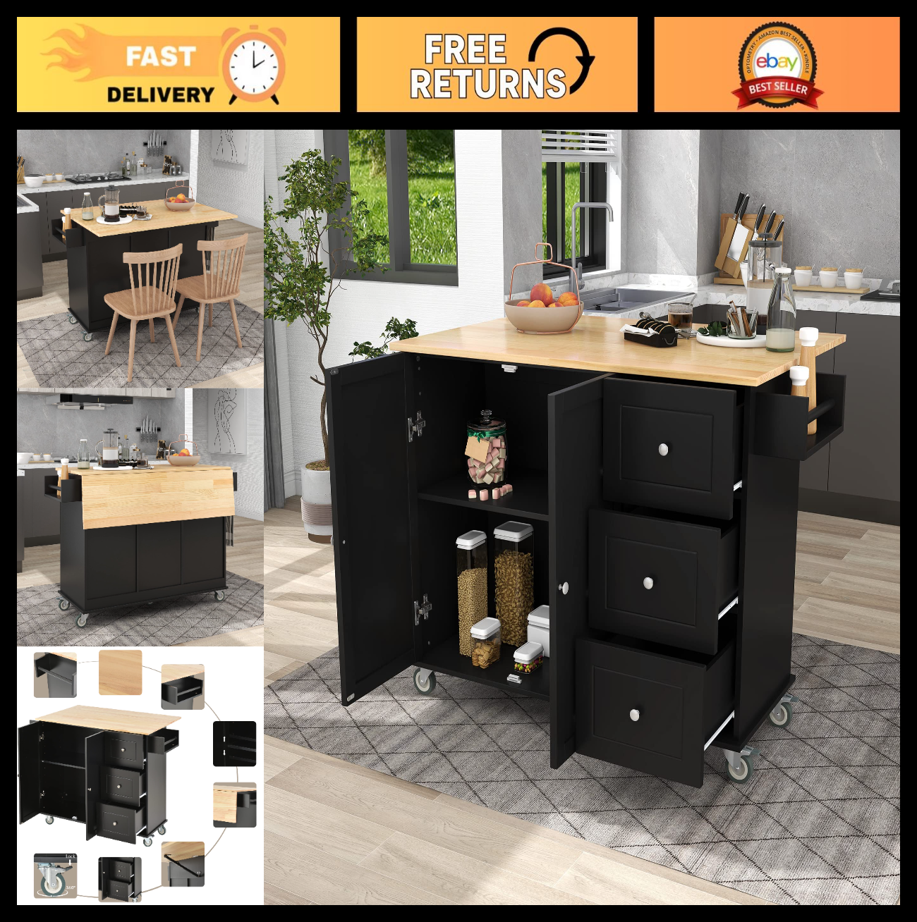 Mobile Kitchen Island with Solid Wood Top, Locking Wheels, Storage & Drop Leaf B0