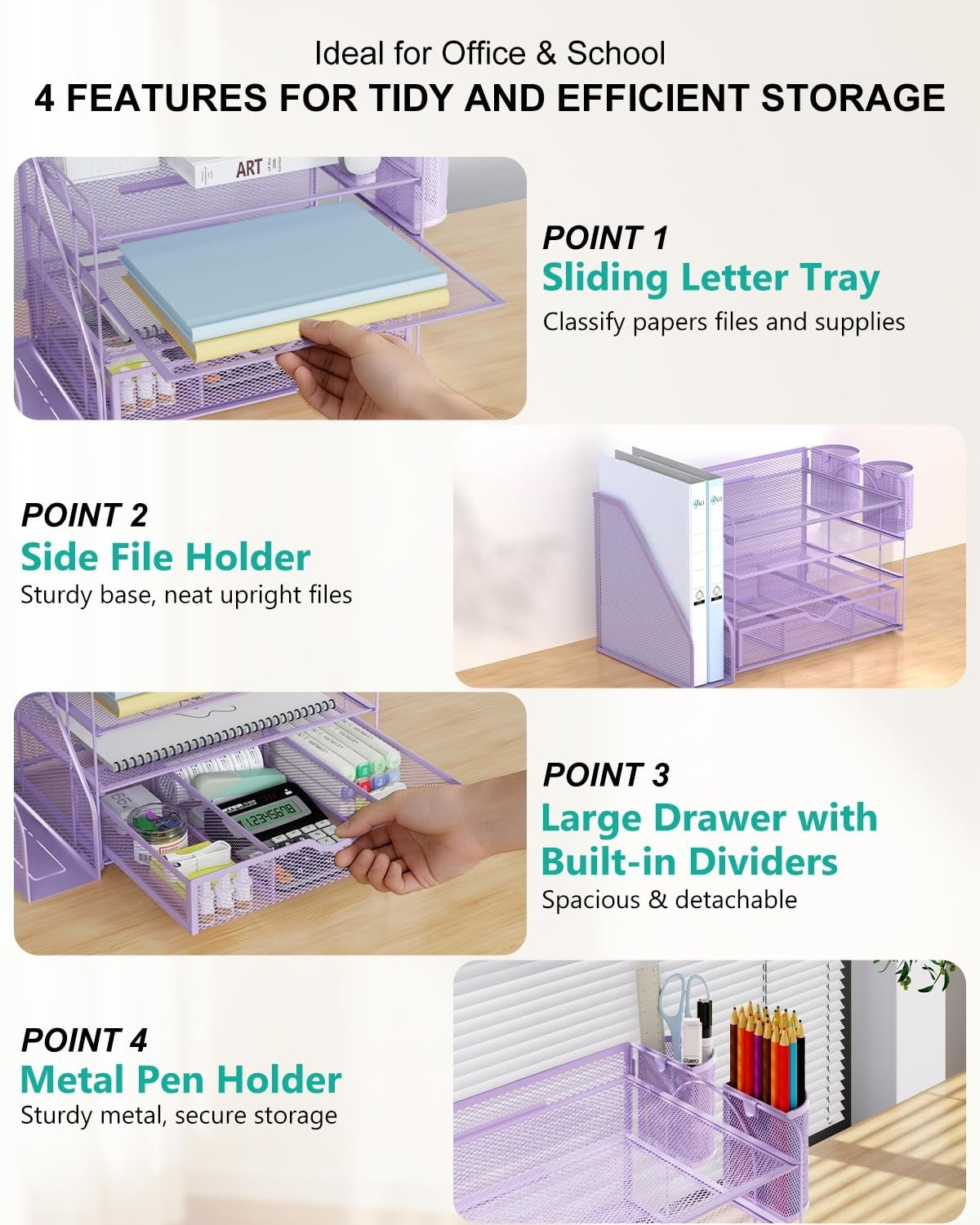 4 Tier Desktop File Organizer with Drawer & 2 Pen Holders   Office Supplies, Pur4