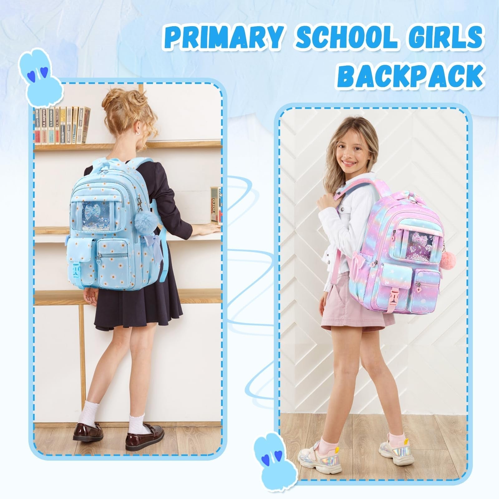 Girls School Backpack - Blue Daisy Book Bag for Elementary & Primary Kids1