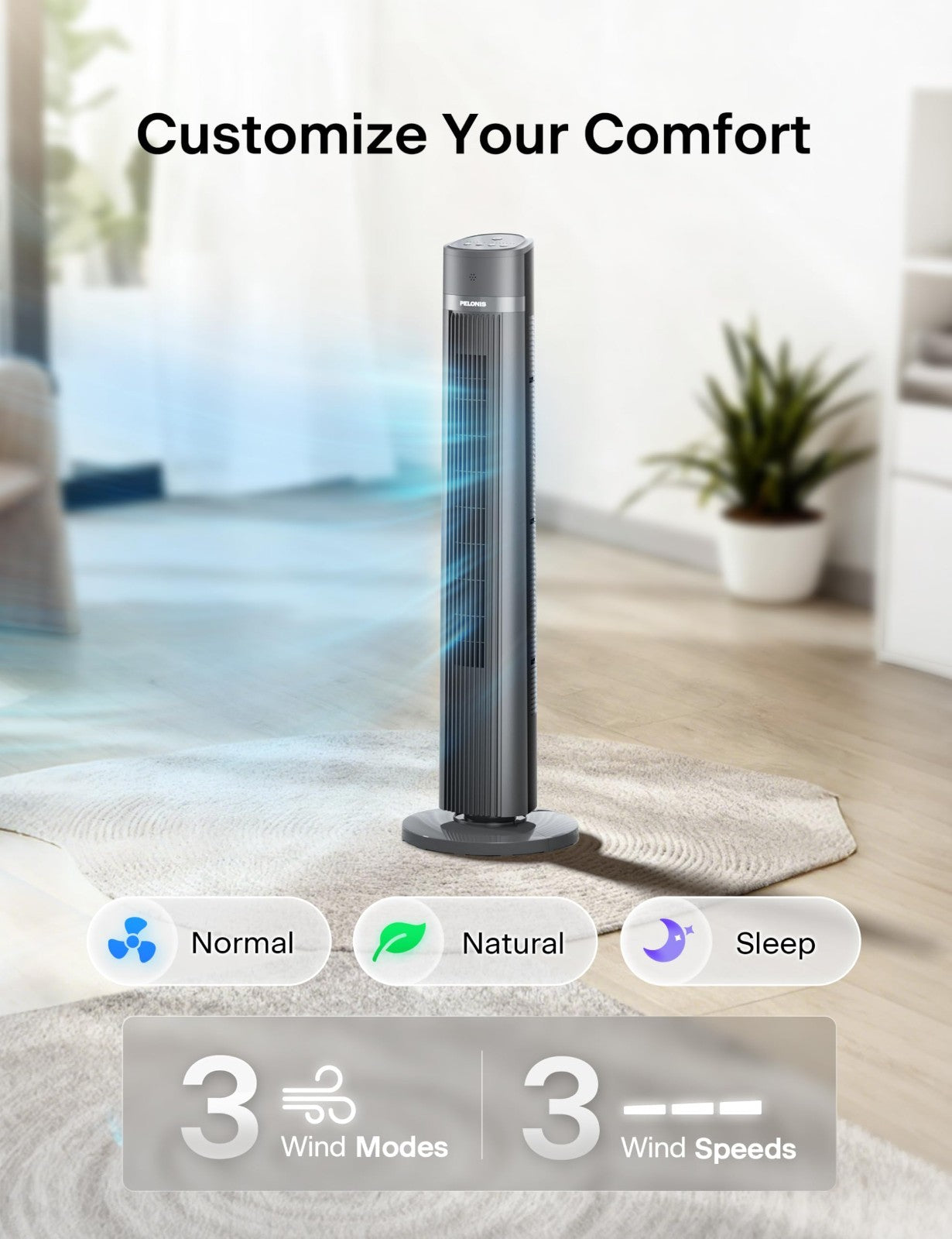Bladeless Tower Fan 40" for Bedroom, Remote Control, 90° Oscillation, 3 Speeds,3