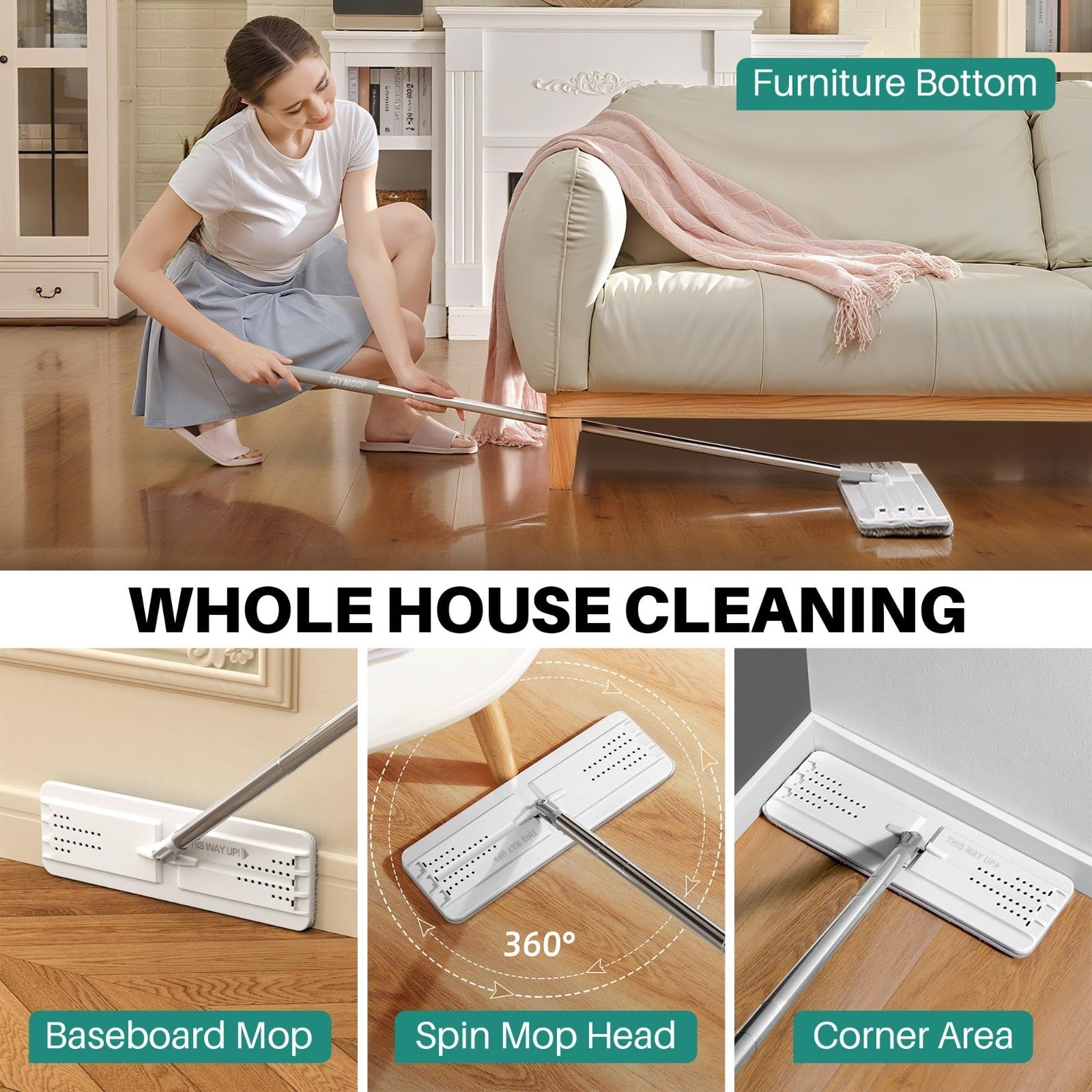 Flat Mop and Bucket Set - Microfiber Cleaning System, Hands-Free, 8 Washable Pad4
