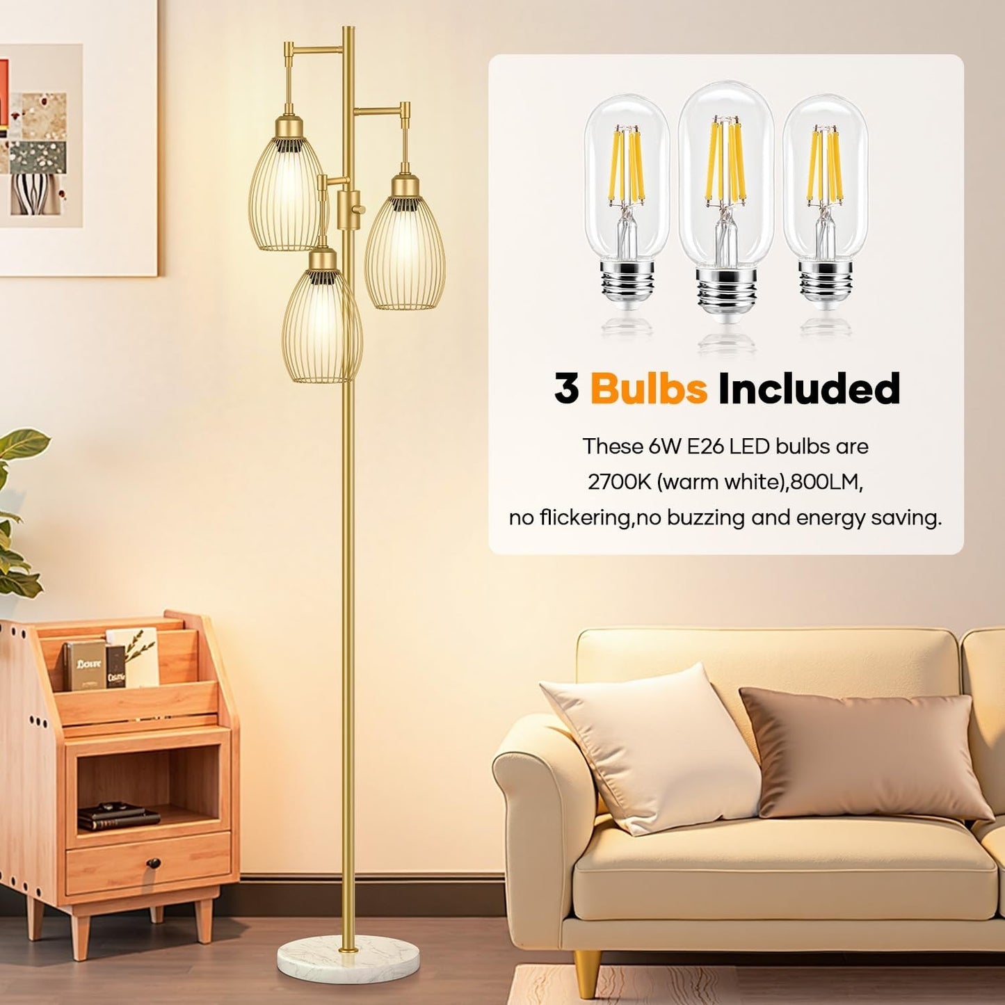 Dimmable Floor Lamp with 3 LED Bulbs, Industrial Tree Design, Gold & Marble Base3