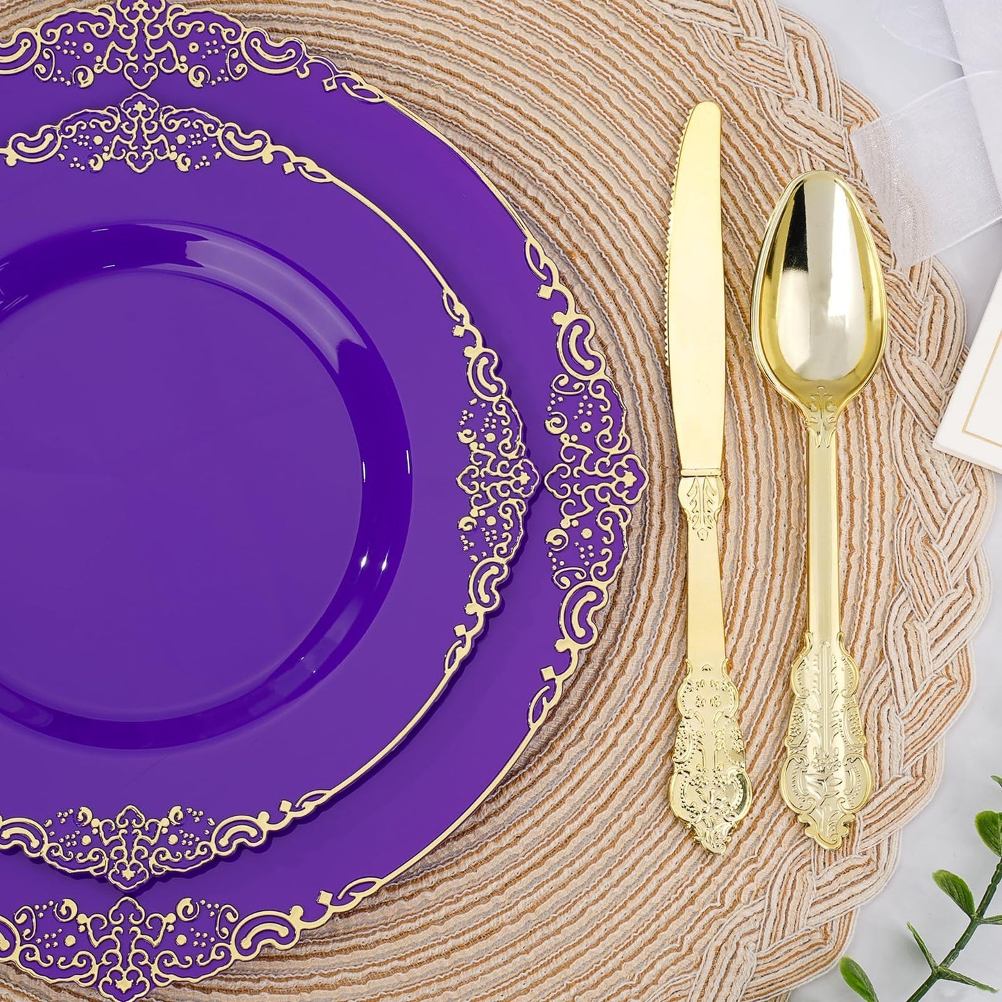 350-Piece Purple & Gold Disposable Dinnerware Set for 50 Guests | Plates, Silver1
