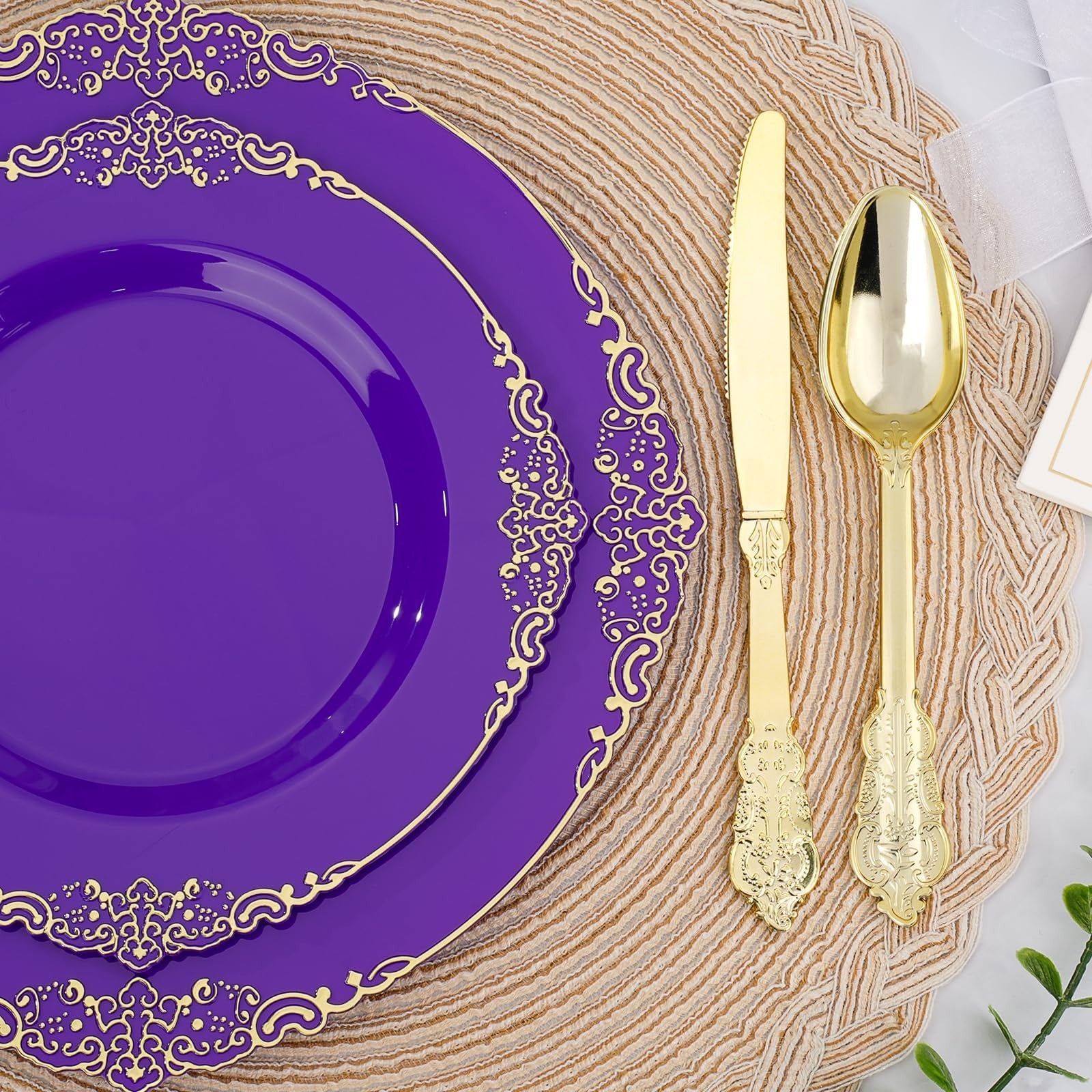 350-Piece Purple & Gold Disposable Dinnerware Set for 50 Guests | Plates, Silver1