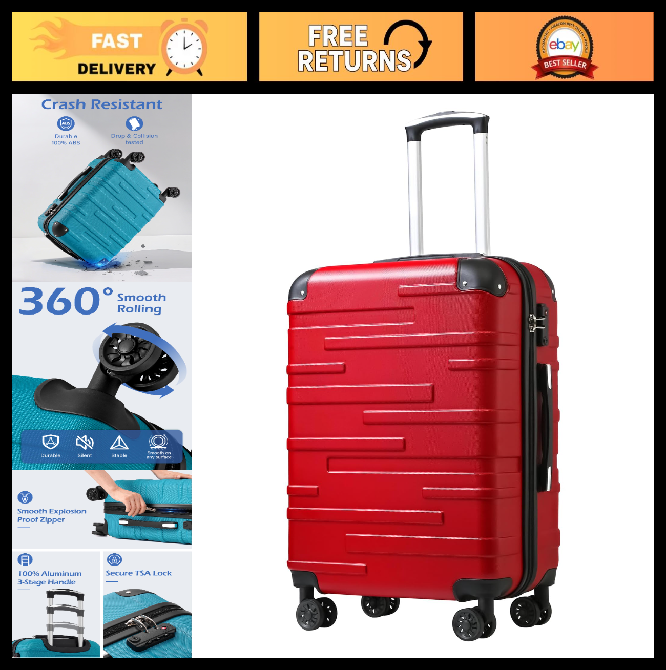 28" Hardside ABS Luggage with TSA Lock, 360° Spinner Wheels, Expandable, Scratch0