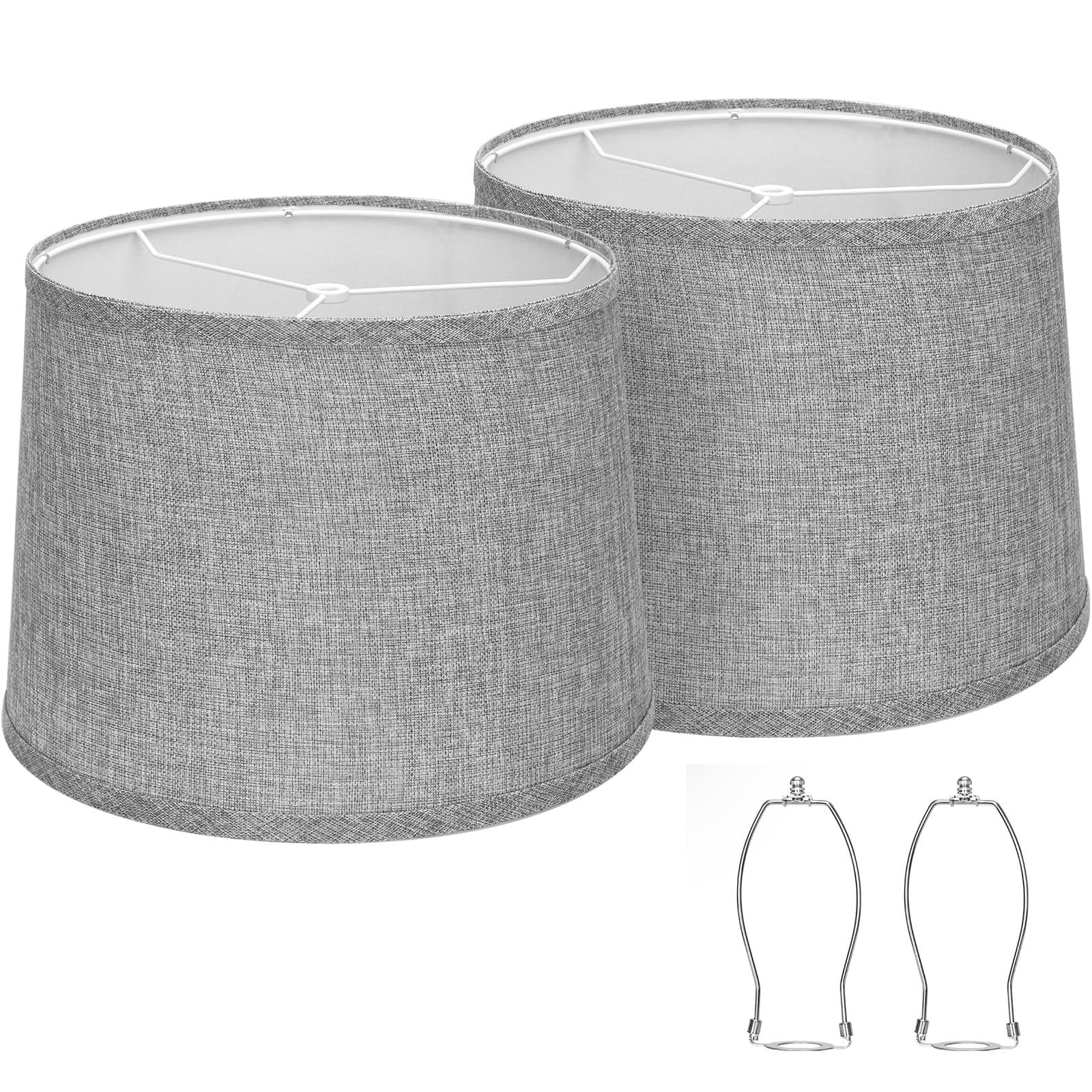 Set of 2 Gray Drum Lamp Shades, 11.6" x 12.6" x 9.8", Natural Linen, Easy Assemb1